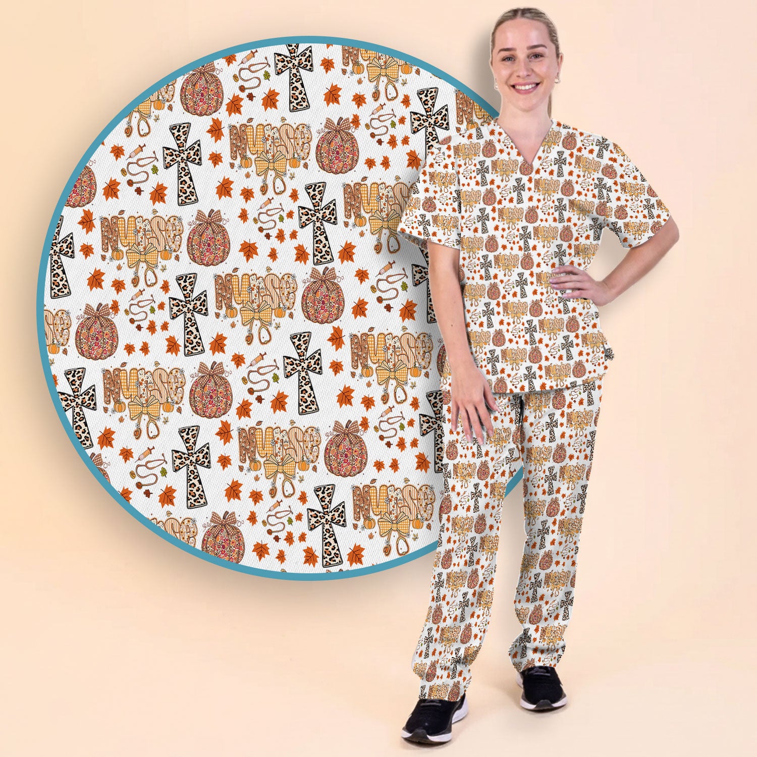 Floral Pumpkin Scrub Set for Women - Coquette Bow Thanksgiving Scrubs Pants and V Neck Top - Comfortable Medical Uniform