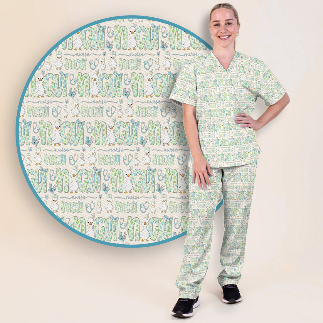 NICU Nurse Duck Pattern Scrub Set, Scrub Pants and V Neck Top