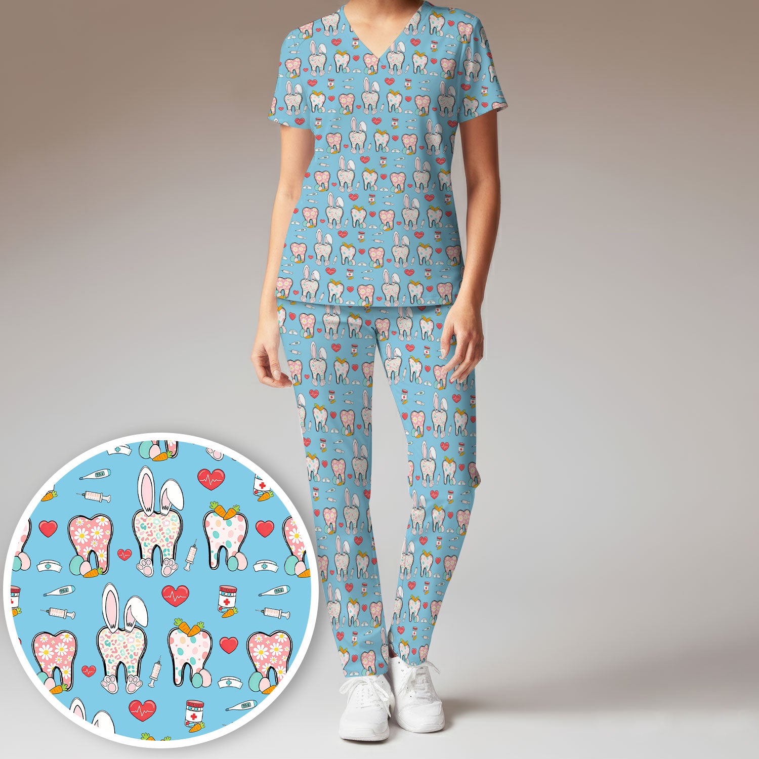 Playful Bunny Dentist Illustration Medical Set, Scrub Pants and V Neck Top