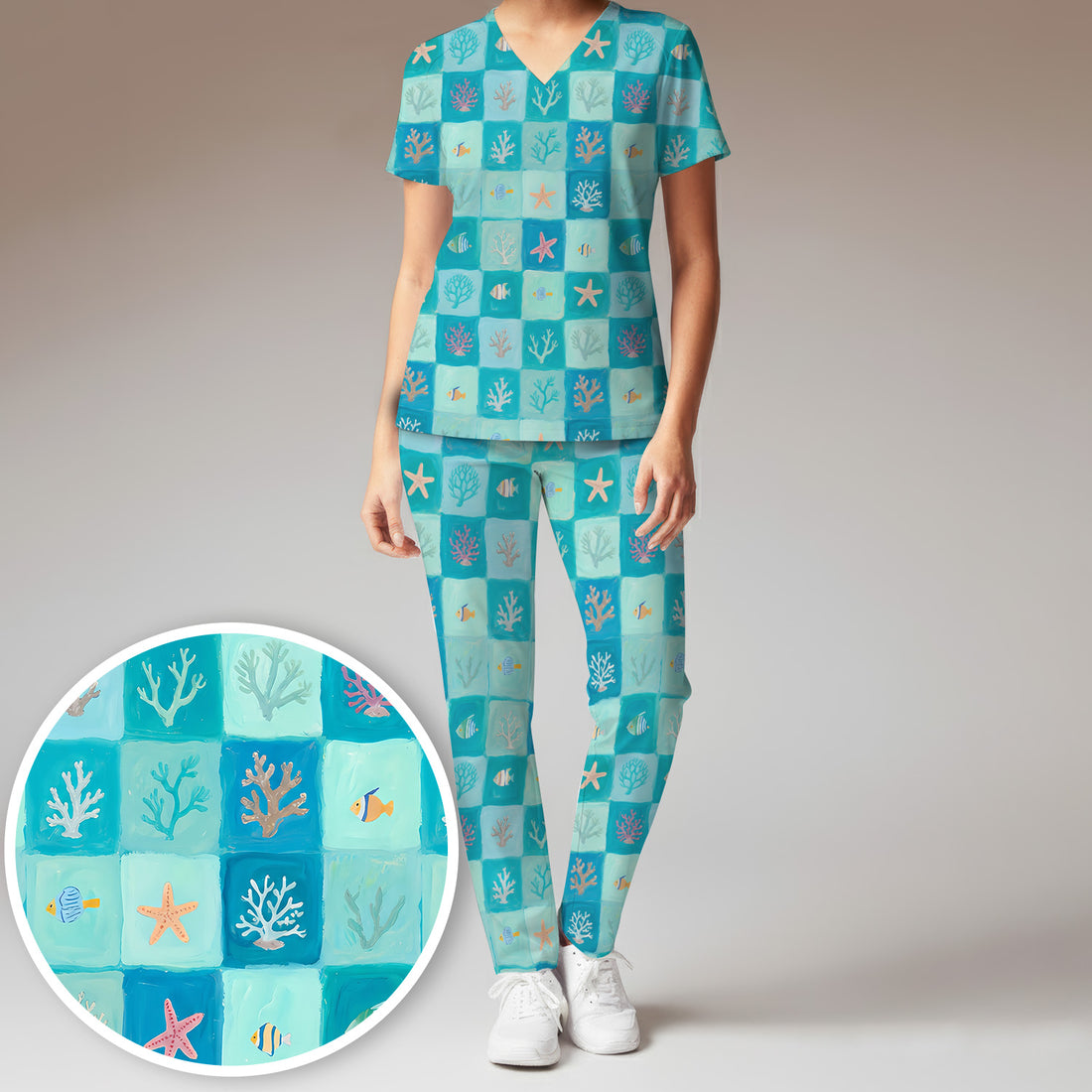 Ocean Coral Fish Starfish Checkered Pattern Scrub Set, Scrub Pants and V Neck Top