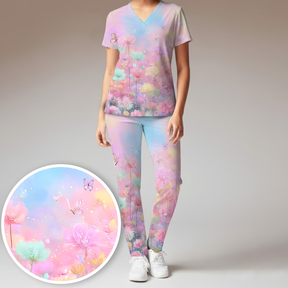Dreamy Pastel Watercolor Floral Garden Scrub Set, Scrub Pants and V Neck Top