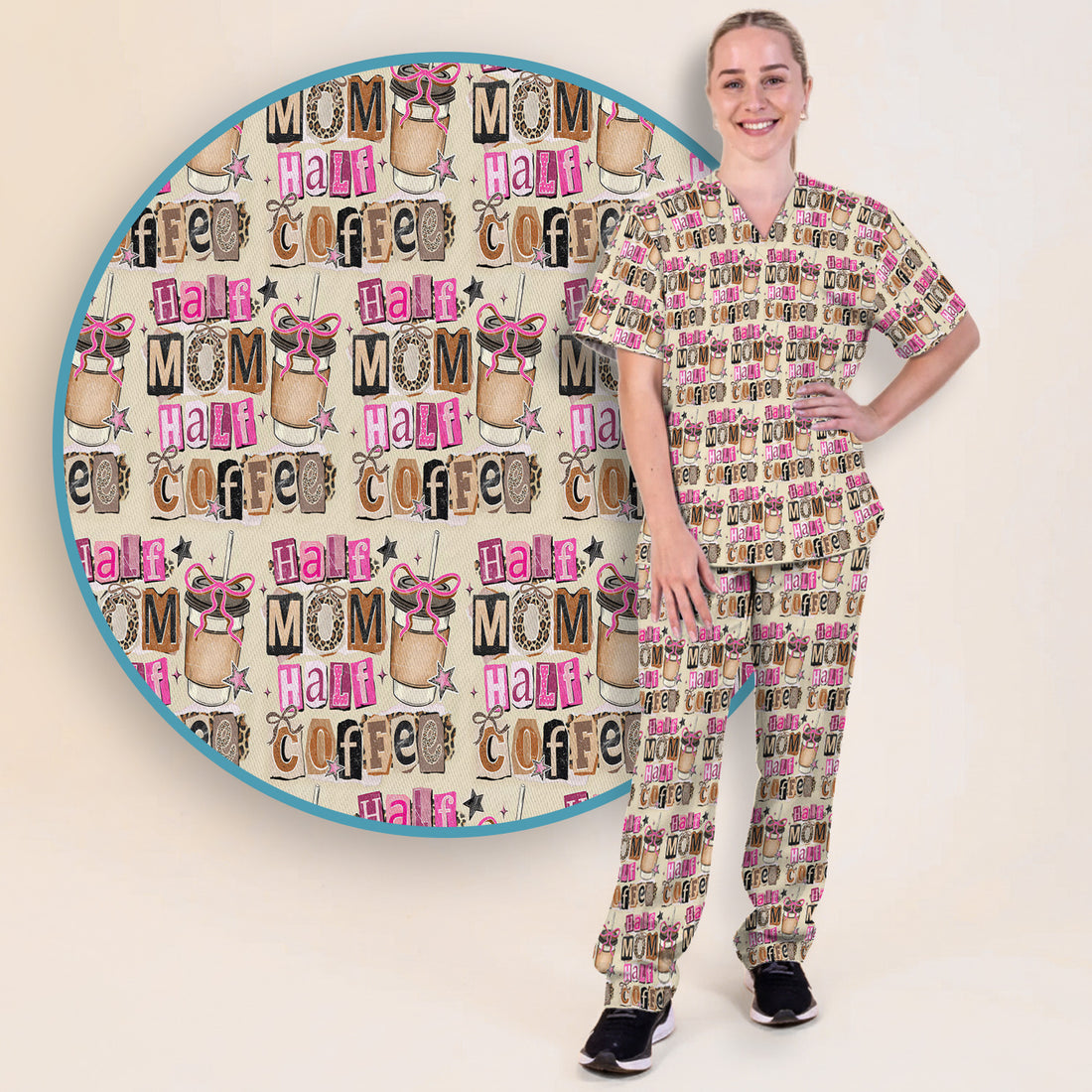Half Mom Half Coffee Print Scrub Set, Scrub Pants and V Neck Top
