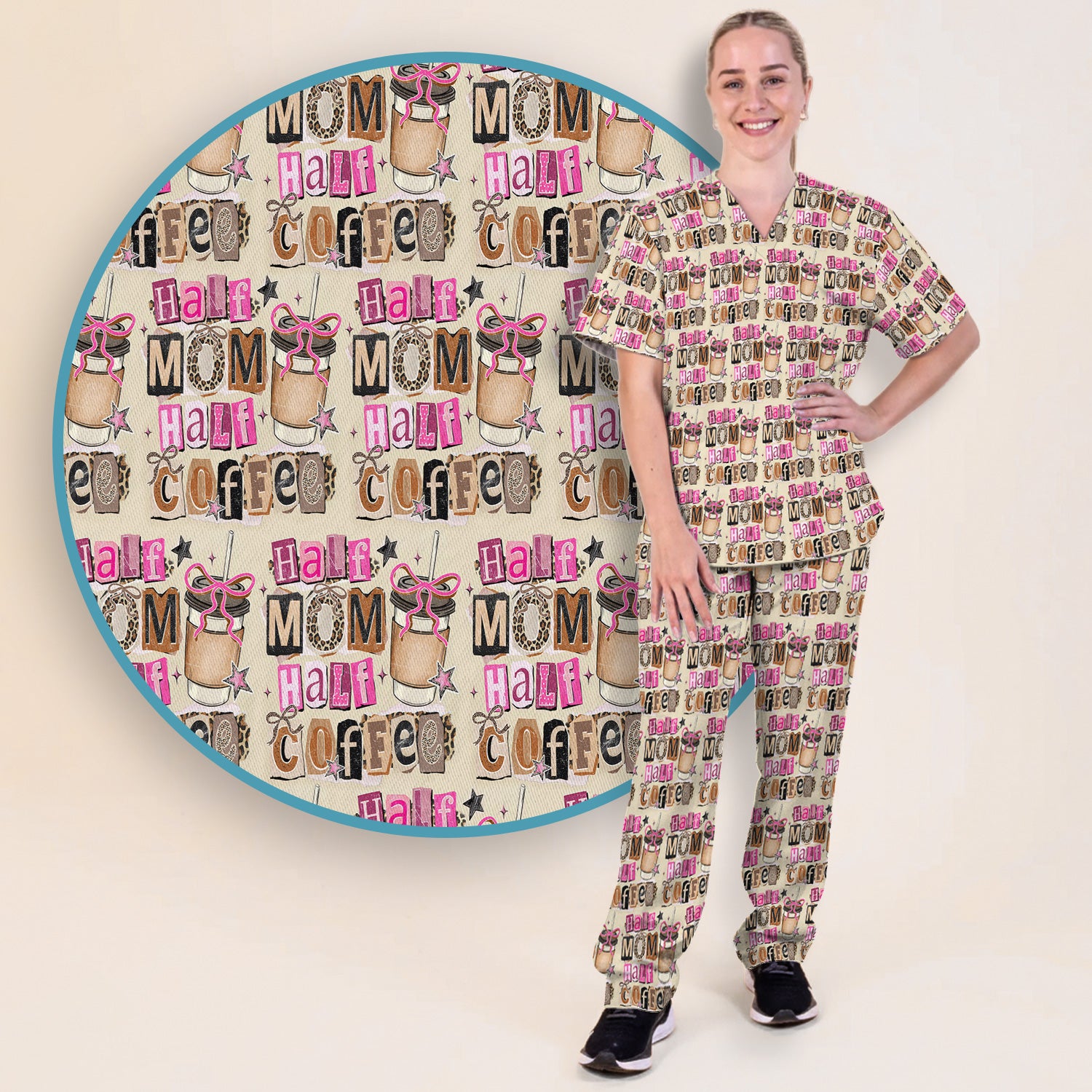 Half Mom Half Coffee Print Scrub Set, Scrub Pants and V Neck Top