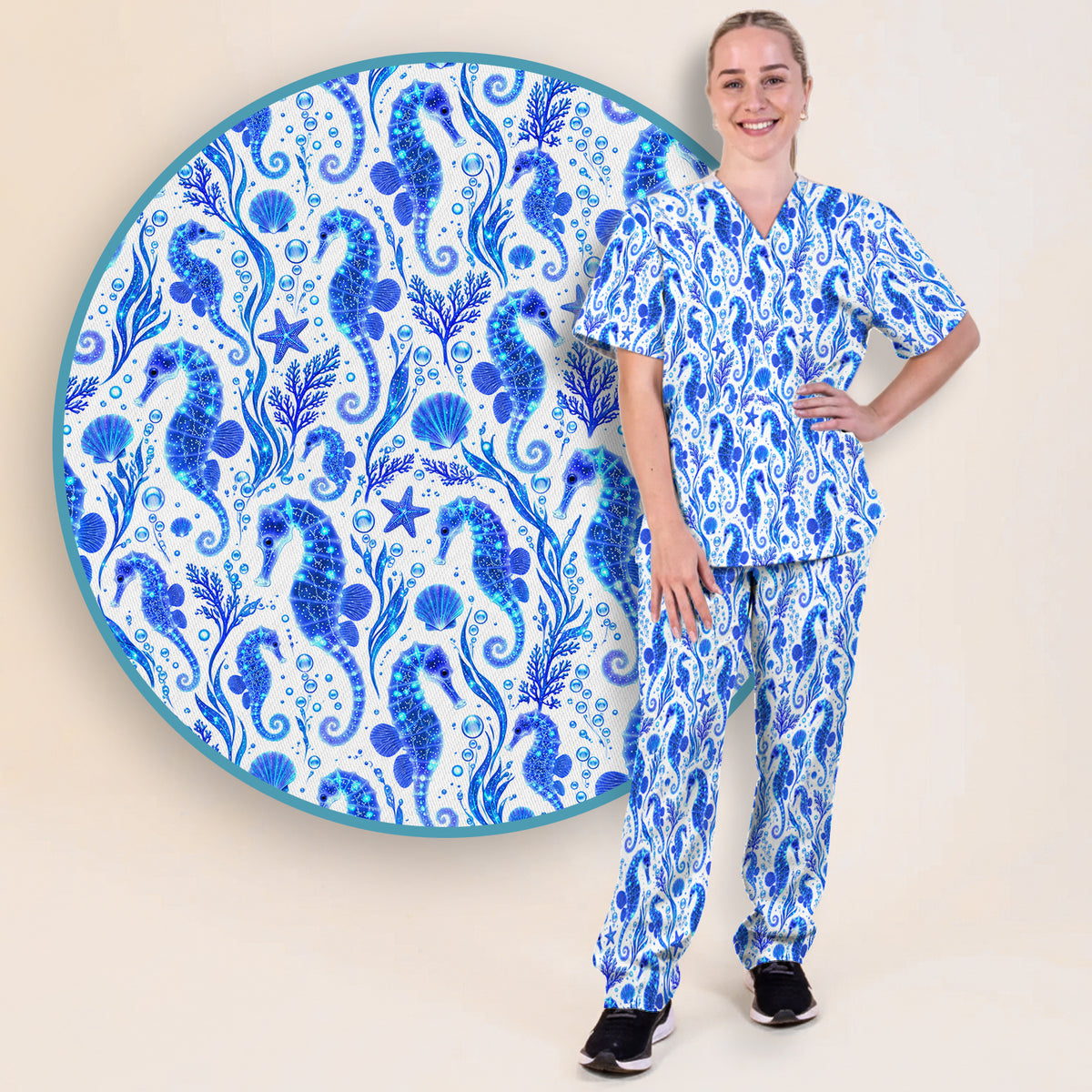Blue Ocean Seahorse Pattern Scrub Set, Scrub Pants and V Neck Top