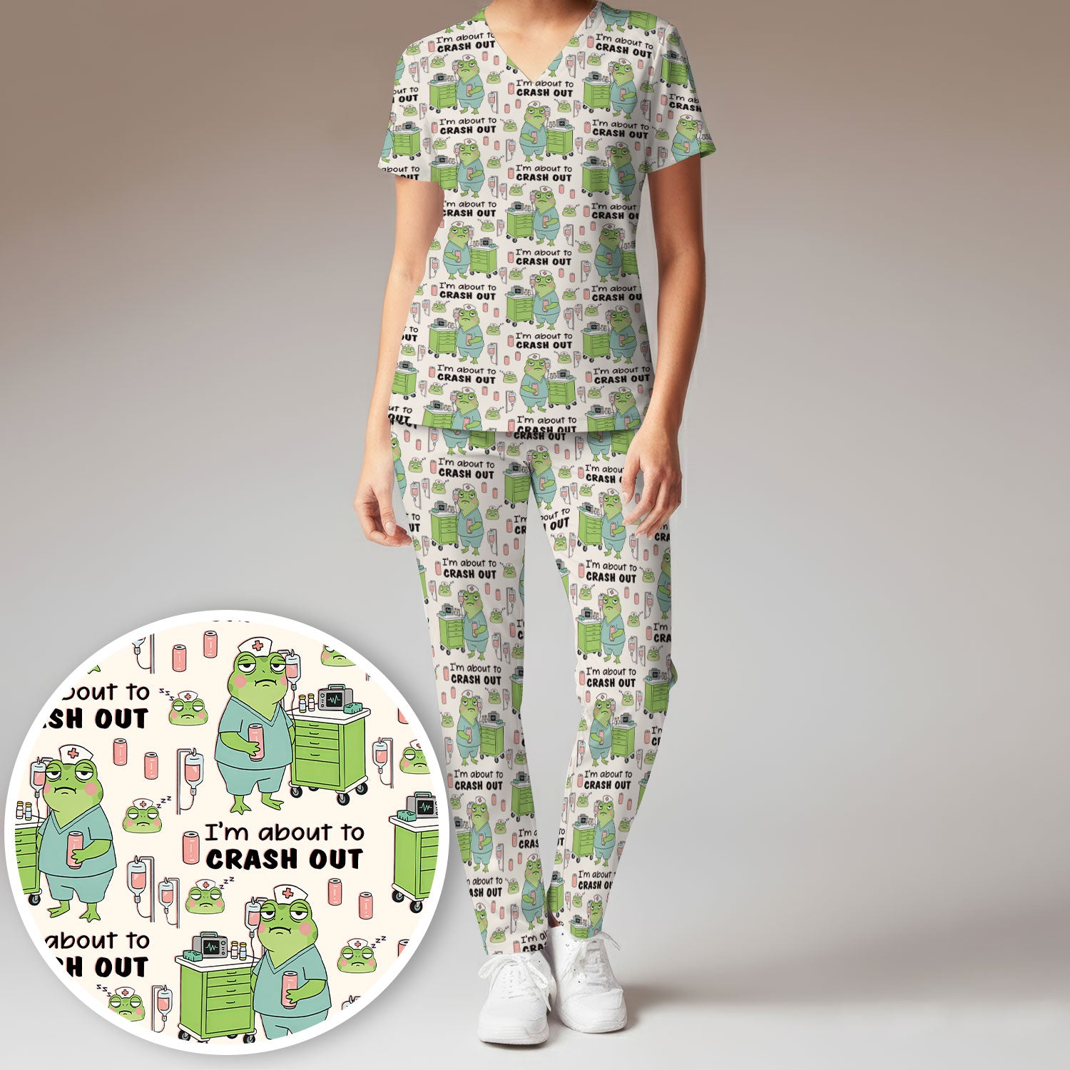 Funny Frog Pattern Nurse Scrub Set, I’m About to Crash Out Nurse Shirt, Breathable Fabrics Nursing Uniform
