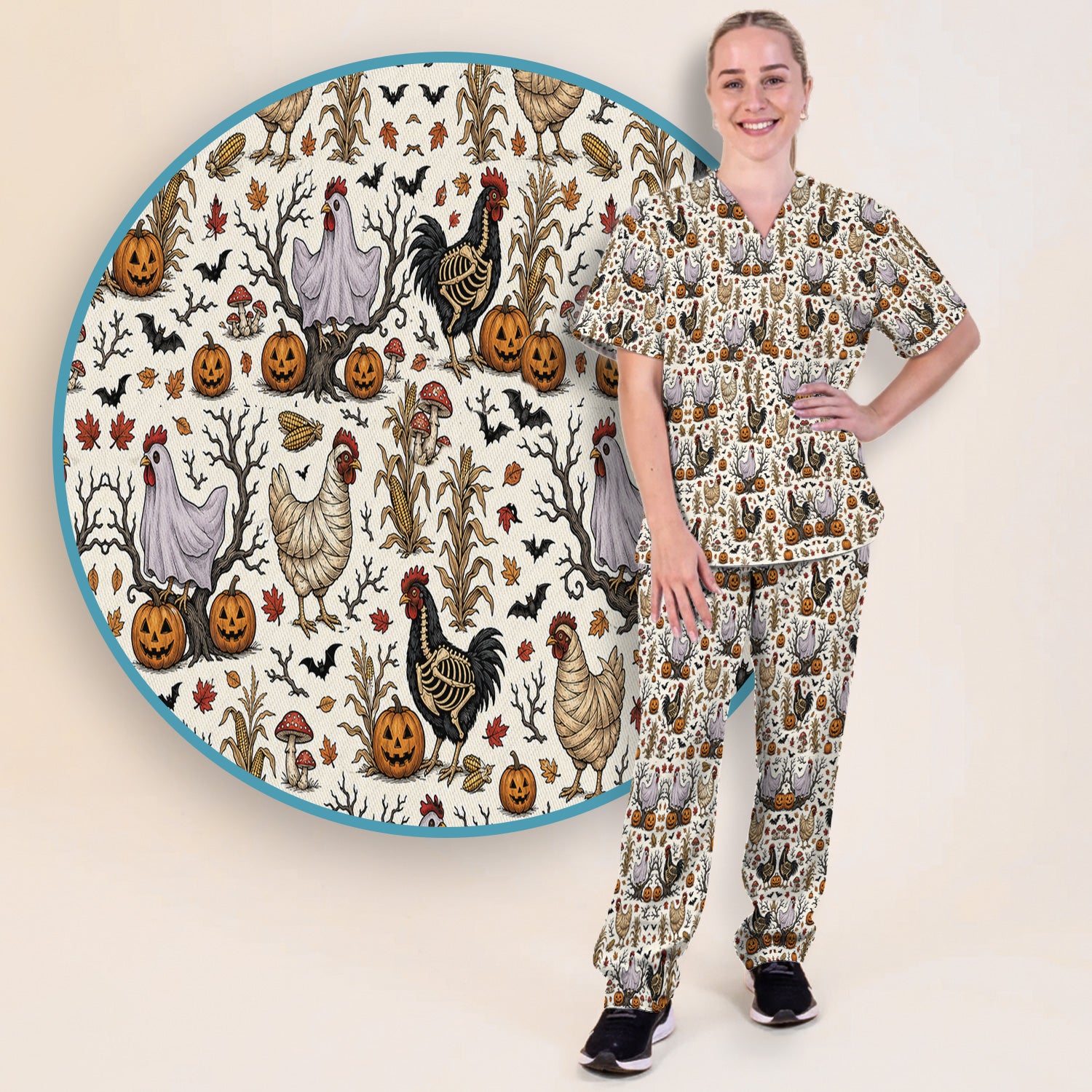 Halloween Skeleton Chickens Pattern Scrub Set, Scrub Pants and V Neck Top