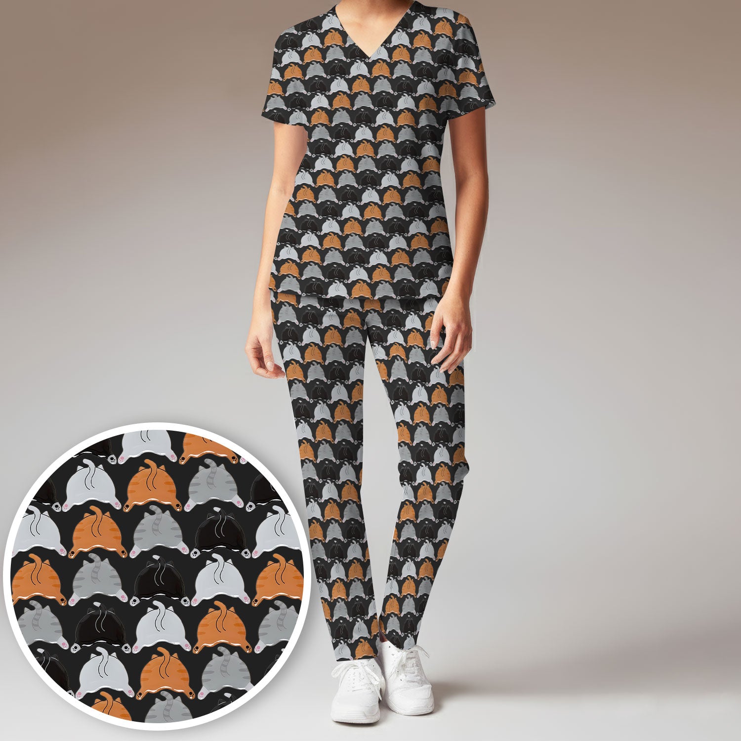 Playful Multicolor Cat Print Scrub Set, Breathable Med Uniform