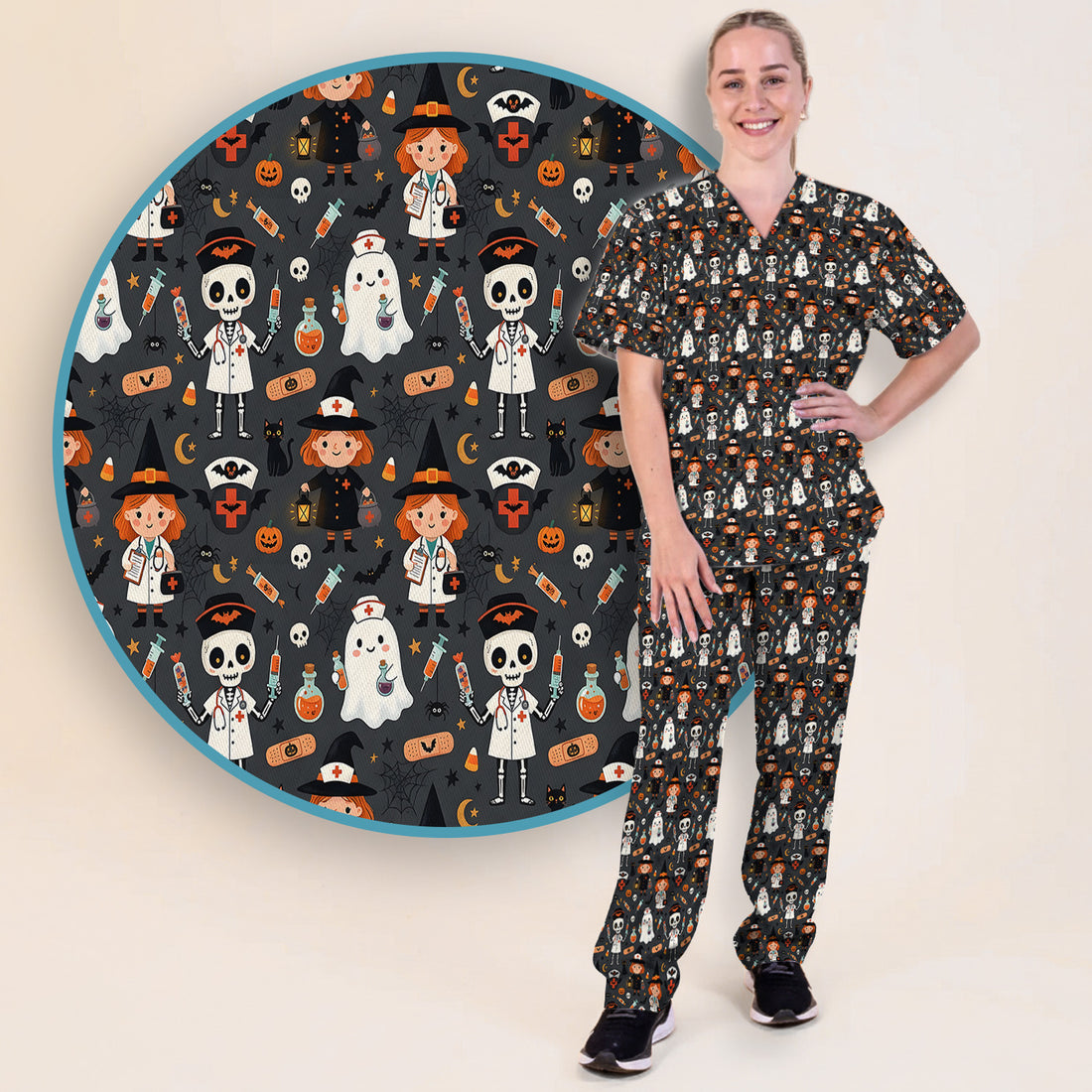 Halloween Witch And Skeleton Nurse Scrub Set, Scrub Pants and V Neck Top