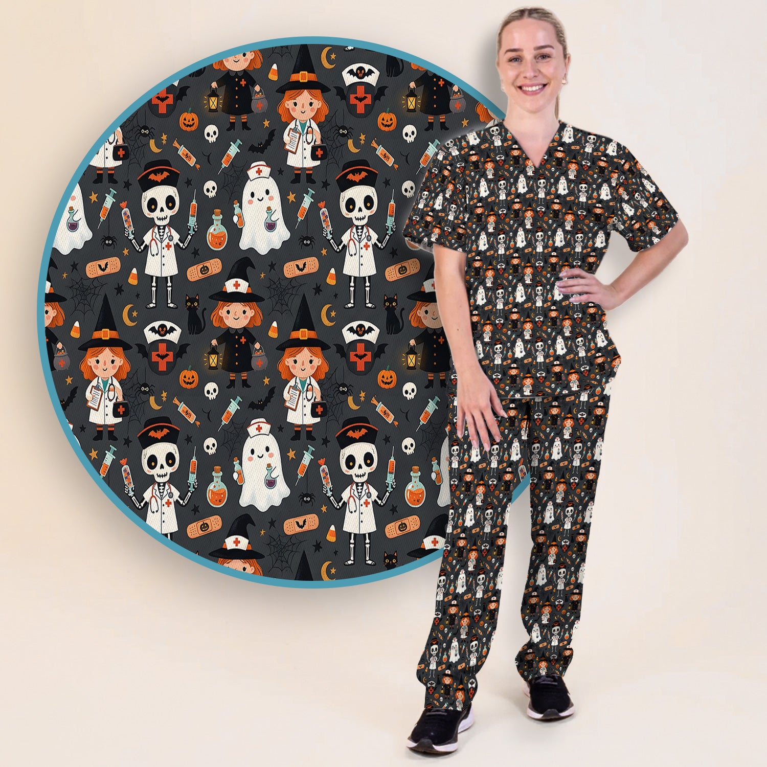 Halloween Witch And Skeleton Nurse Scrub Set, Scrub Pants and V Neck Top