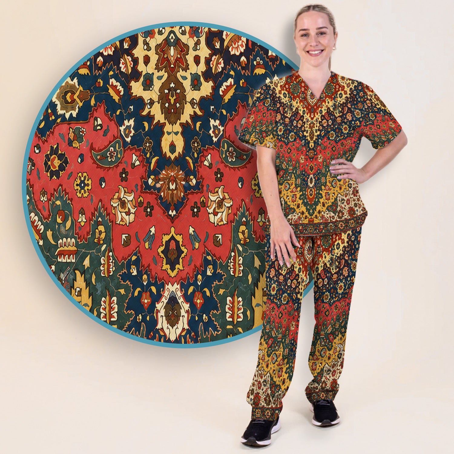 Vintage Persian Rug Floral Pattern Scrub Set, Scrub Pants and V Neck Top