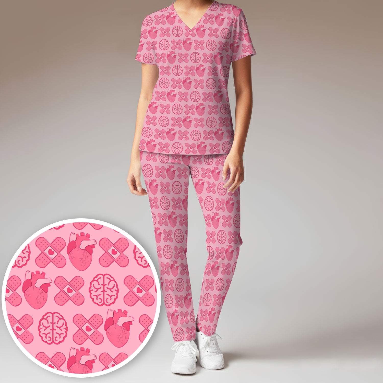 Heart & Brain Medical Icon Pattern Scrub Set, Scrub Pants and V Neck Top