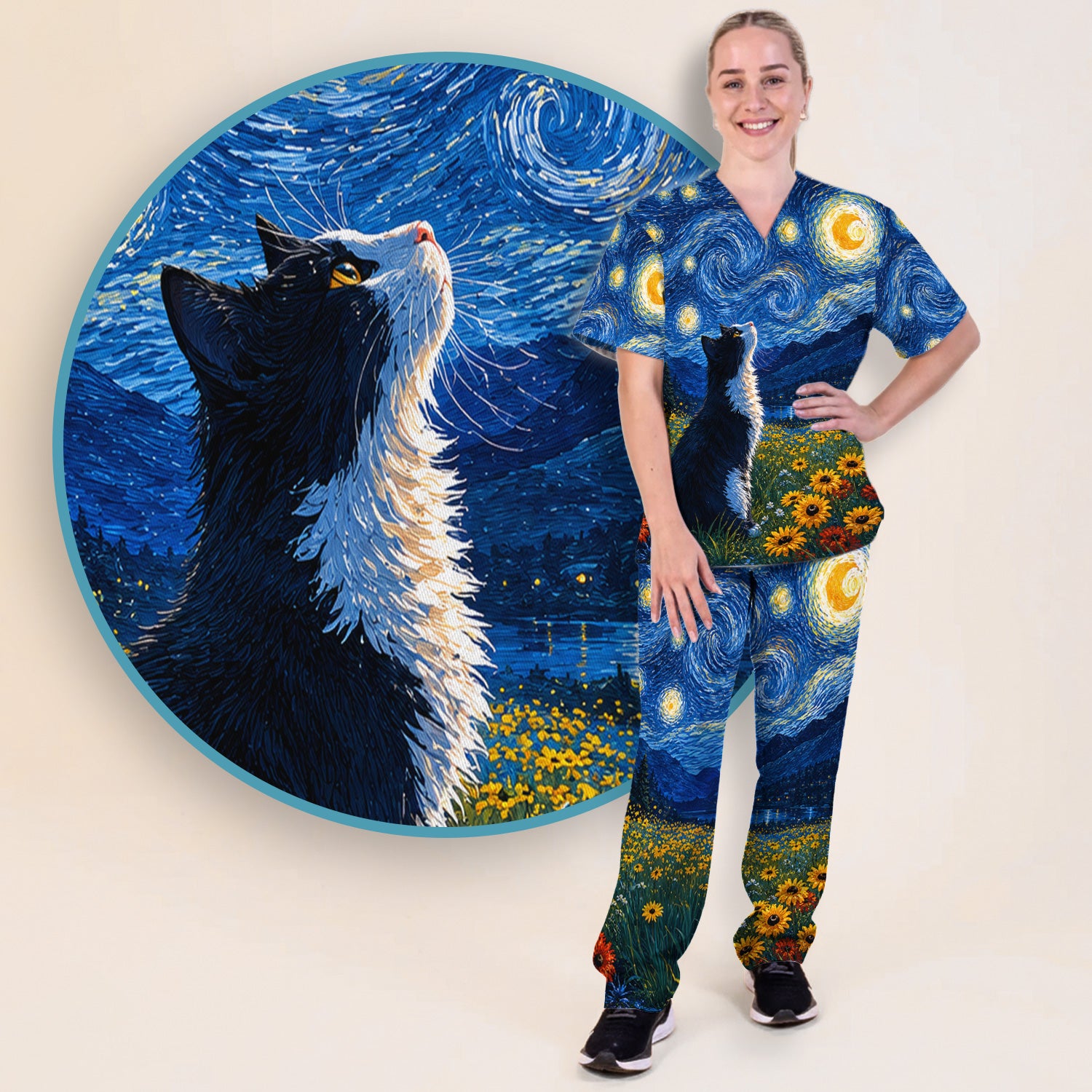 Starry Cat Night Veterinary Nurse Pattern Scrub Set, Scrub Pants and V Neck Top
