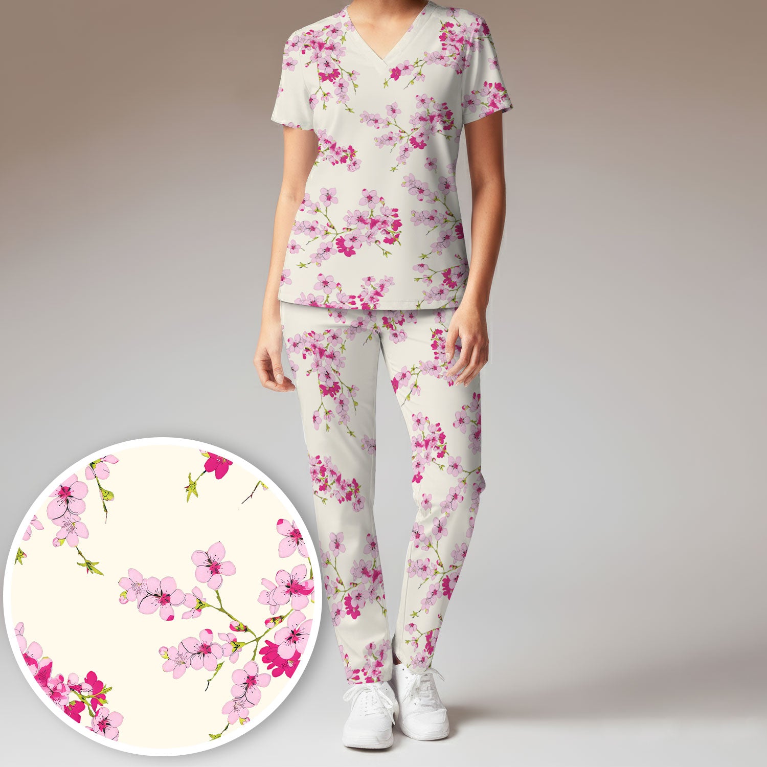 Elegant Cherry Blossom Floral Pattern Scrub Set , Breathable Med Uniform