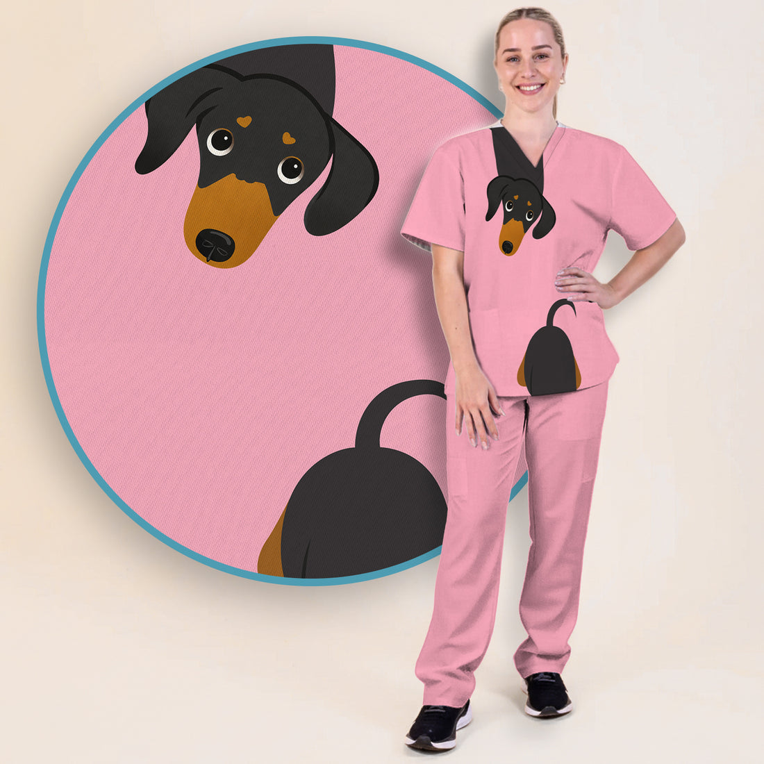Cute Peekaboo Dachshund Dog Scrub Set, Scrub Pants and V Neck Top