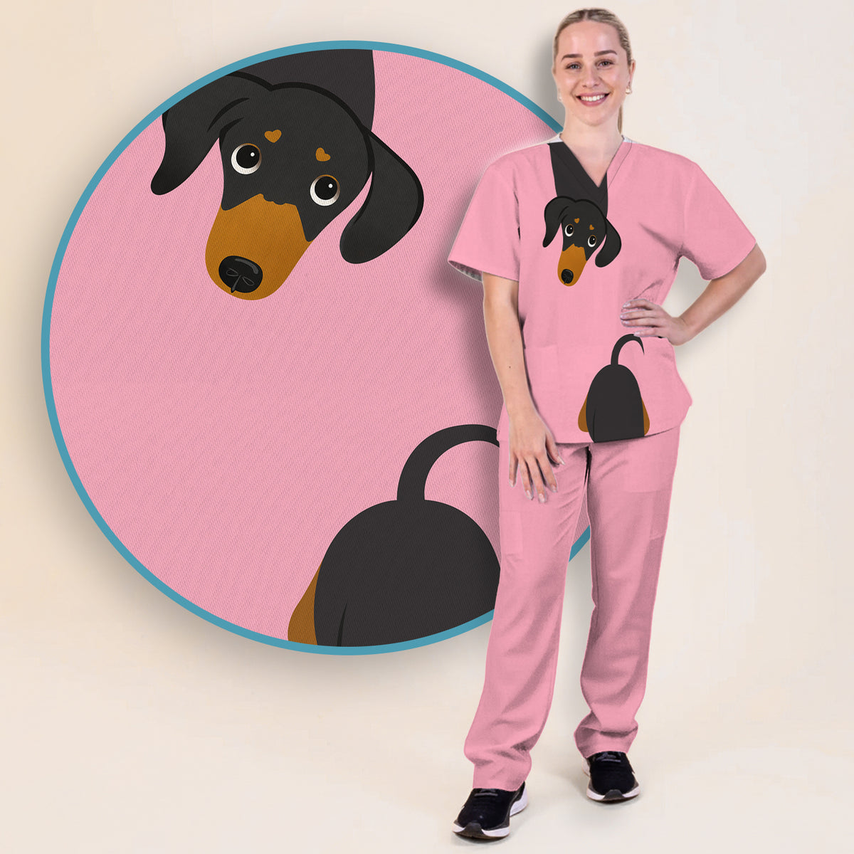 Cute Peekaboo Dachshund Dog Scrub Set, Scrub Pants and V Neck Top