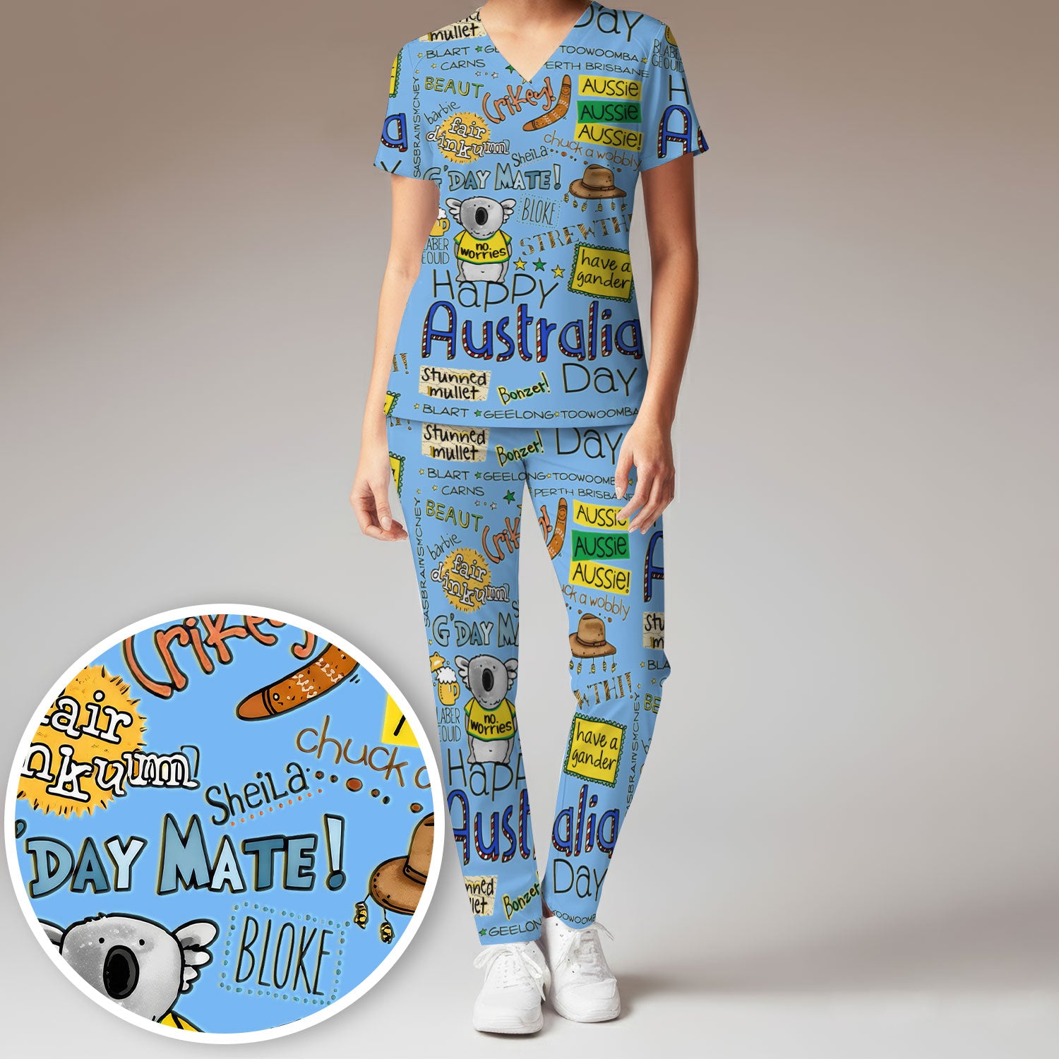 Cute Cartoon Koala Australia Pattern Medical Scrub Set, Breathable Med Uniform