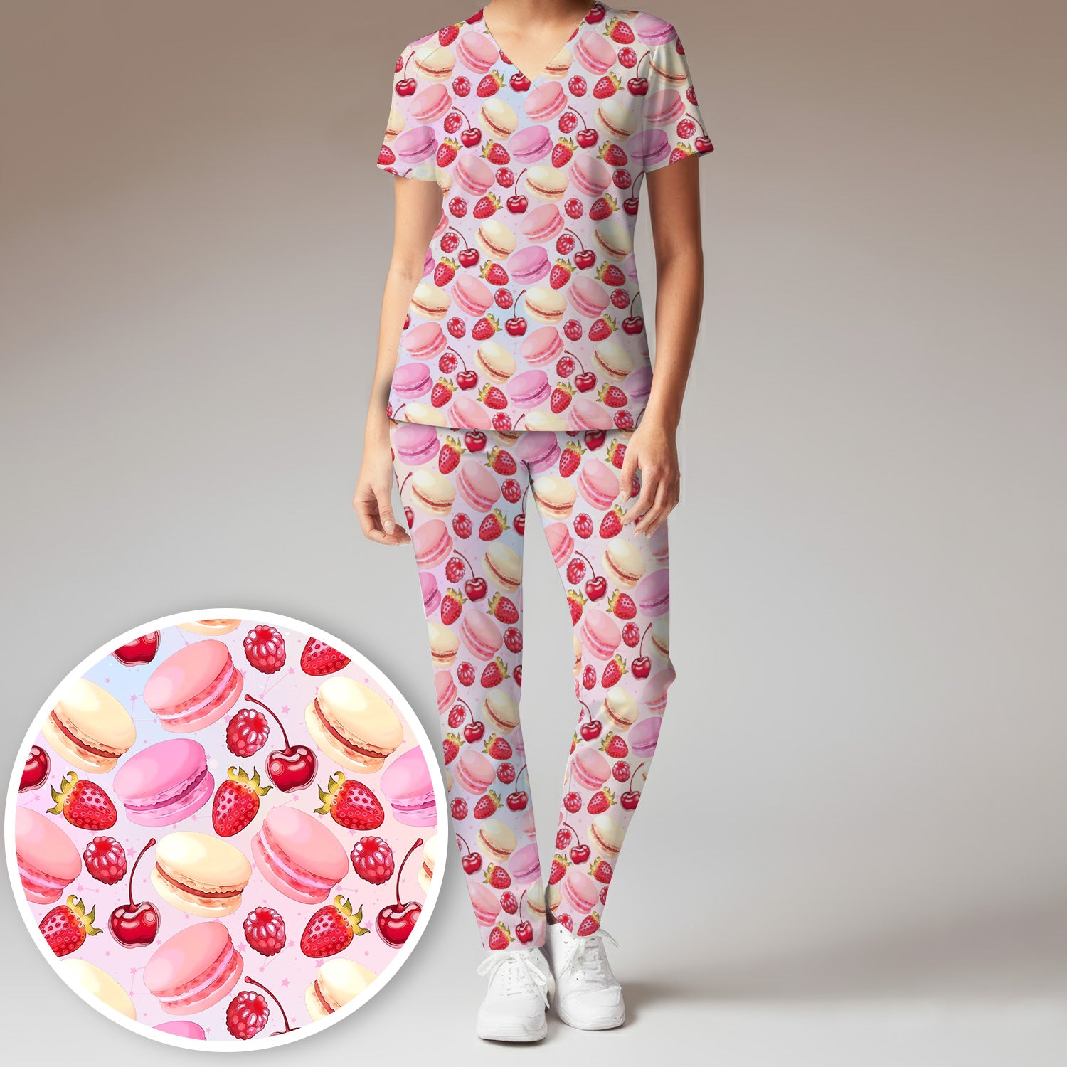 Sweet Dessert Pattern Scrub Set, Scrub Pants and V Neck Top