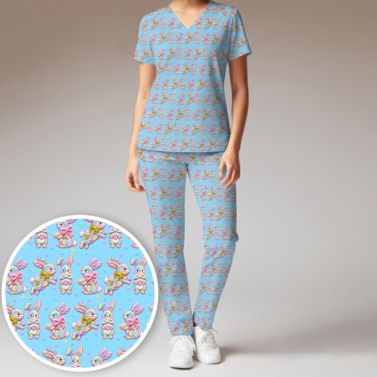 Cartoon Bunny All Over Print Set, Scrub Pants and V Neck Top