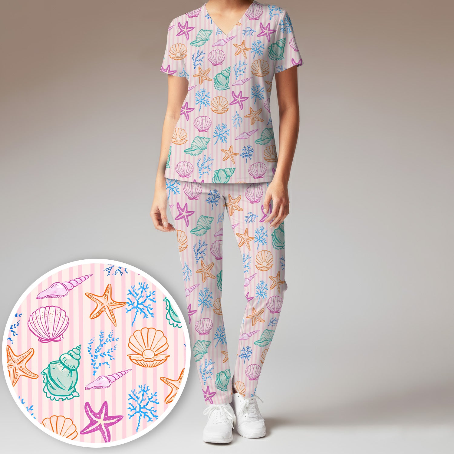 Colorful Seashell Starfish Ocean Stripe Pattern Scrub Set, Women's Scrub Sets