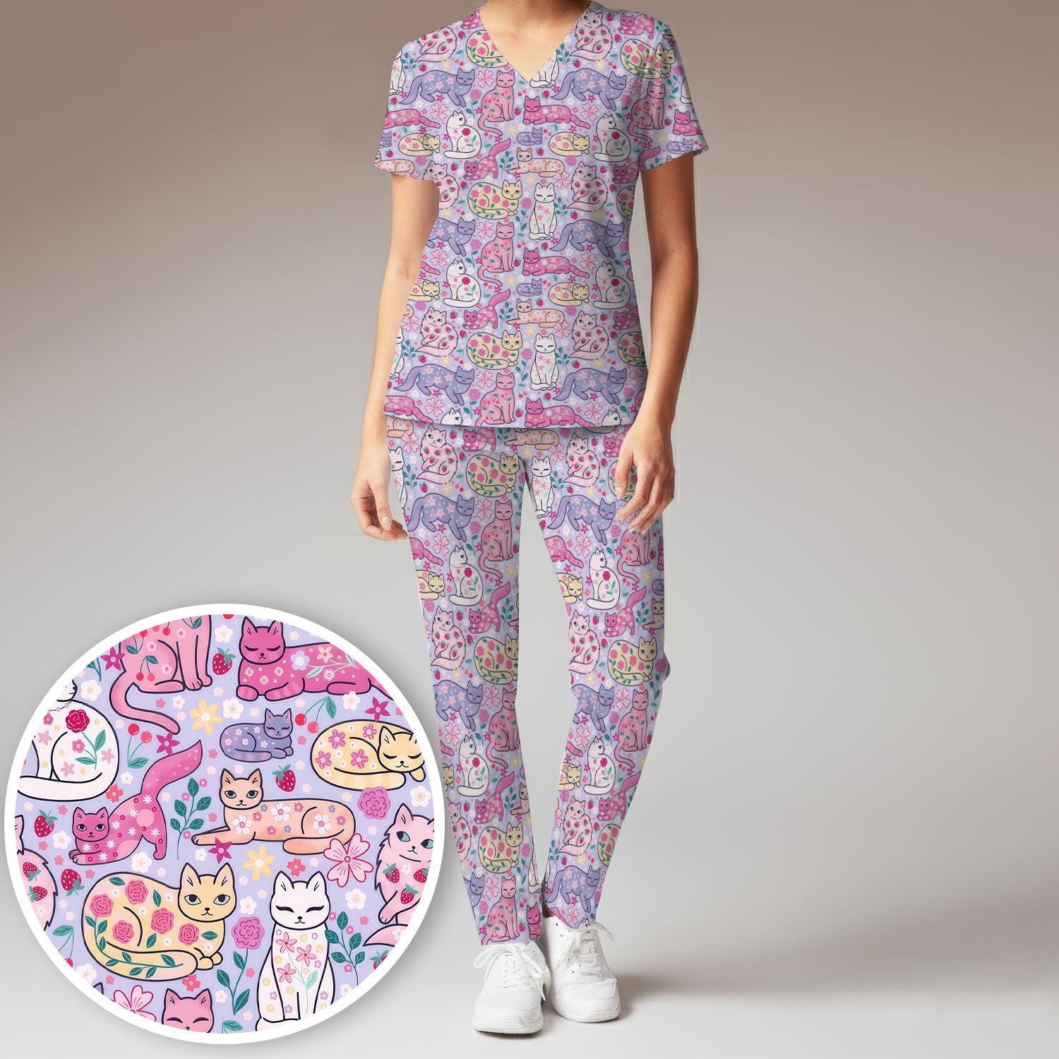 Funny Colorful Pastel Cats Floral Strawberry Print Set, Women's Scrub Sets
