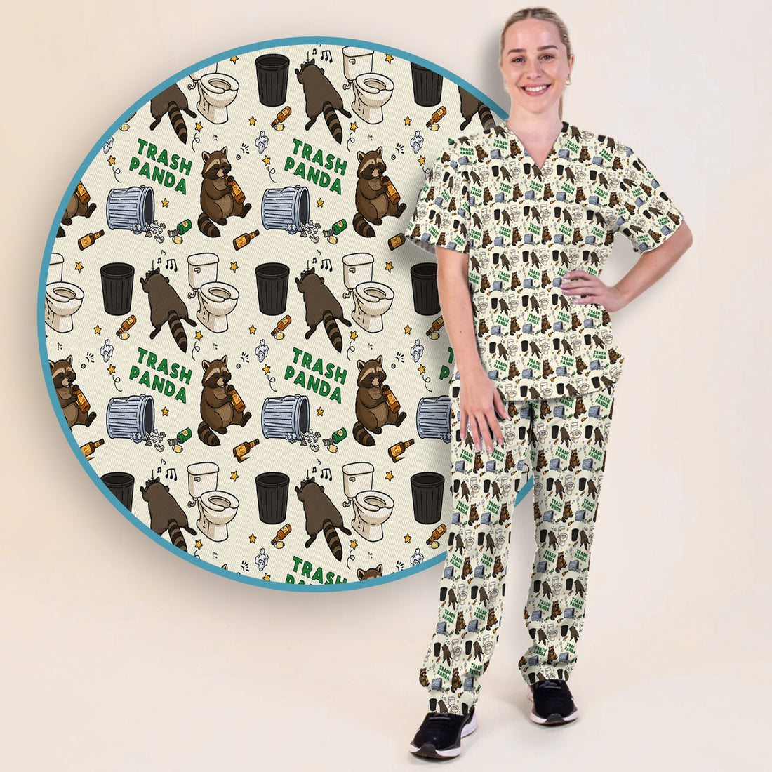 Funny Trash Panda Raccoon Scrub Set, Scrub Pants and V Neck Top