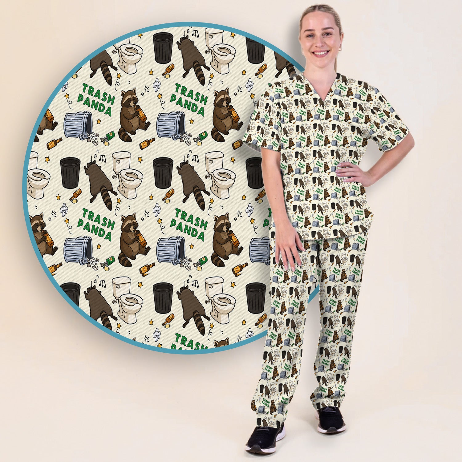 Funny Trash Panda Raccoon Scrub Set, Scrub Pants and V Neck Top