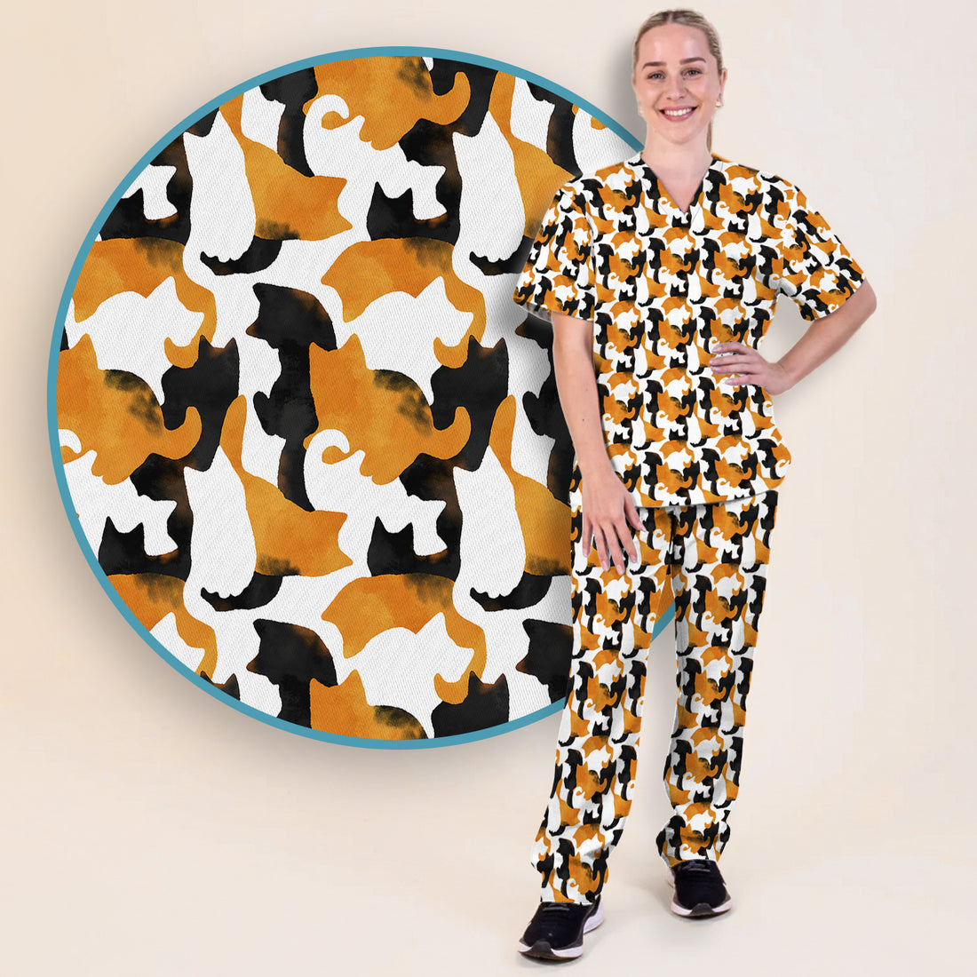 Calico Cat Silhouette Pattern Scrub Set, Scrub Pants and V Neck Top