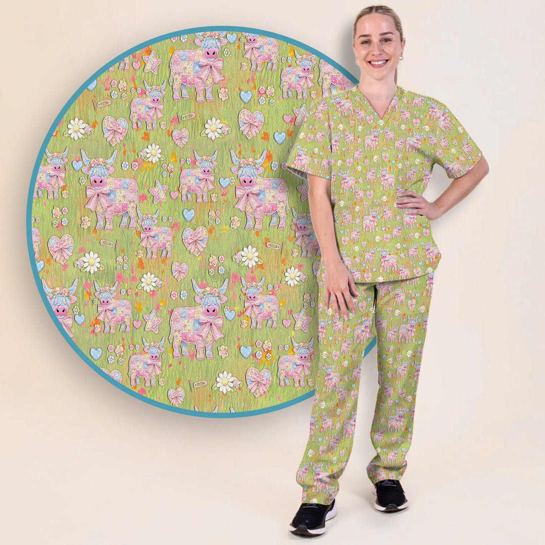 Cute Girly Cow Daisy Pastel Pattern Scrub Set, Scrub Pants and V Neck Top