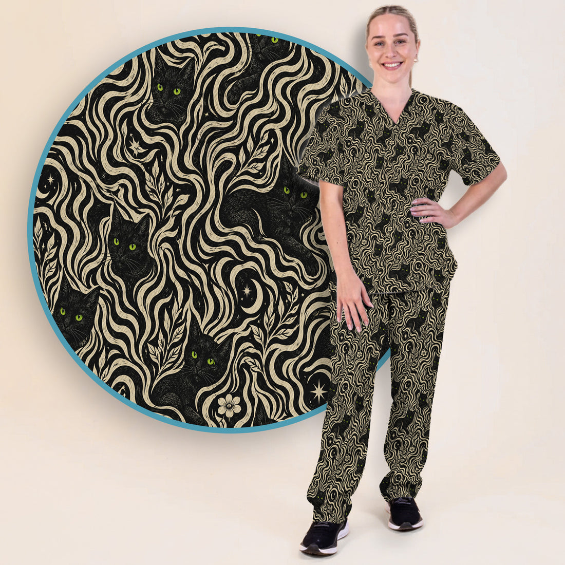 Mystical Black Cat Moonlit Pattern Scrub Set, Scrub Pants and V Neck Top