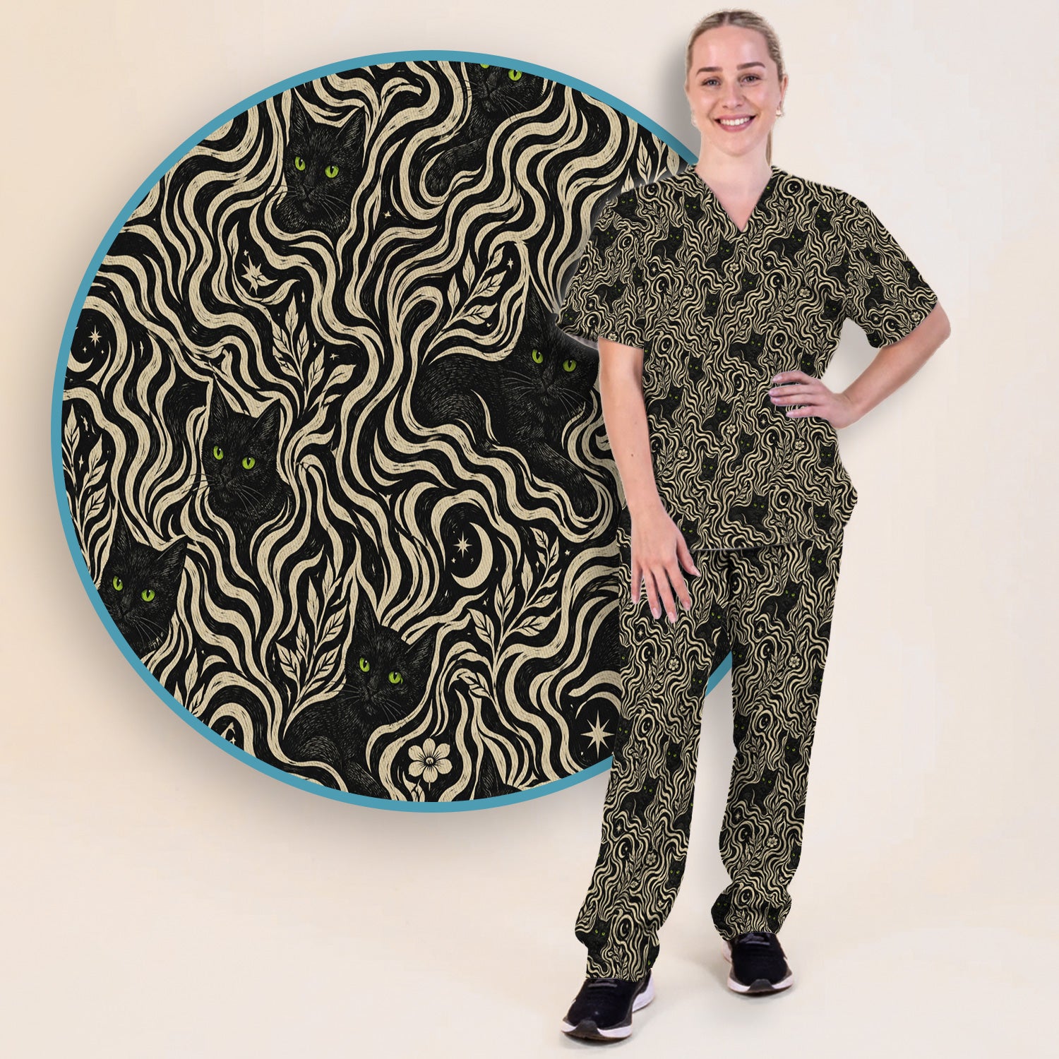 Mystical Black Cat Moonlit Pattern Scrub Set, Scrub Pants and V Neck Top