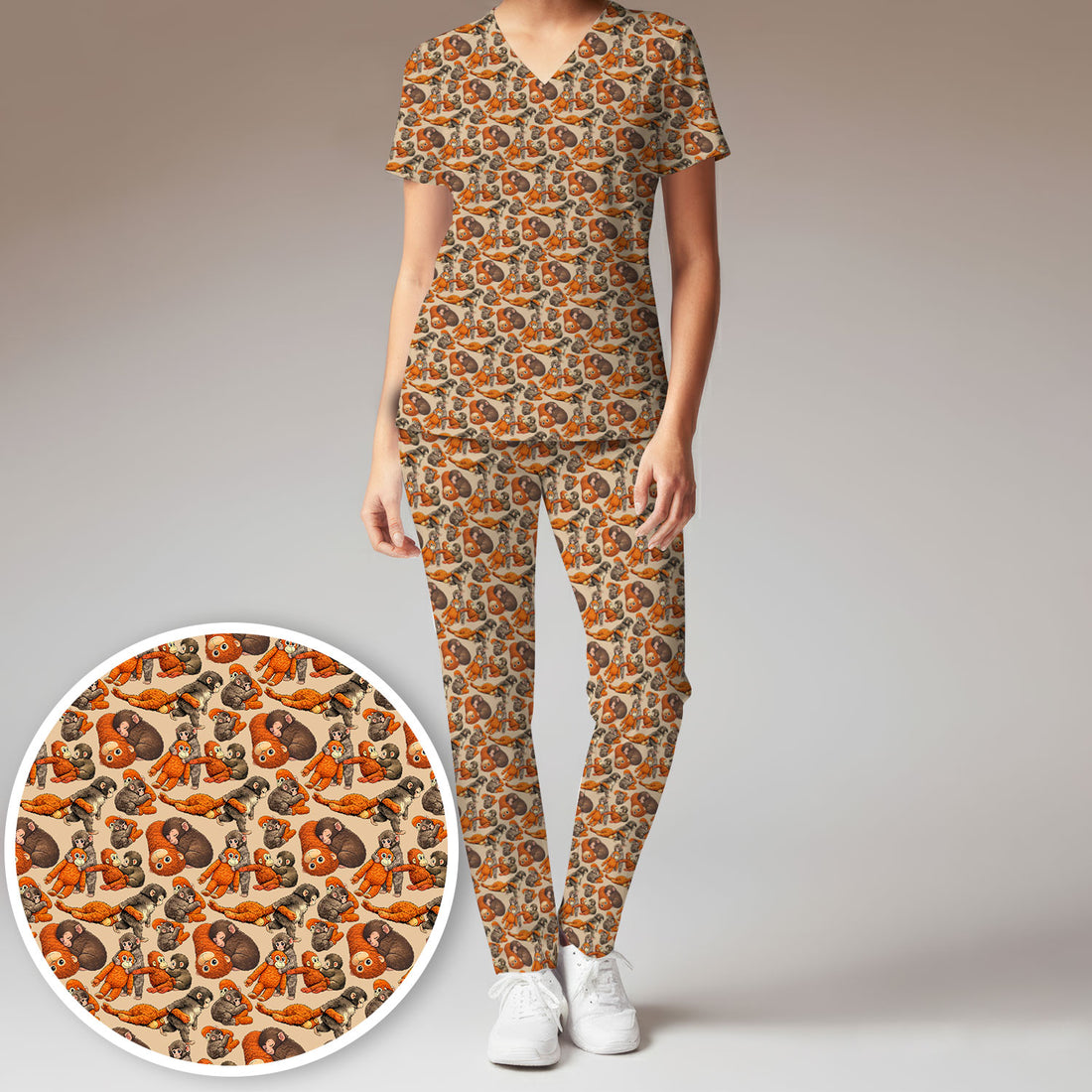 Funny Baby Monkeys With Cute Poses Pattern Scrubs Sets, Scrub Pants and V Neck Top