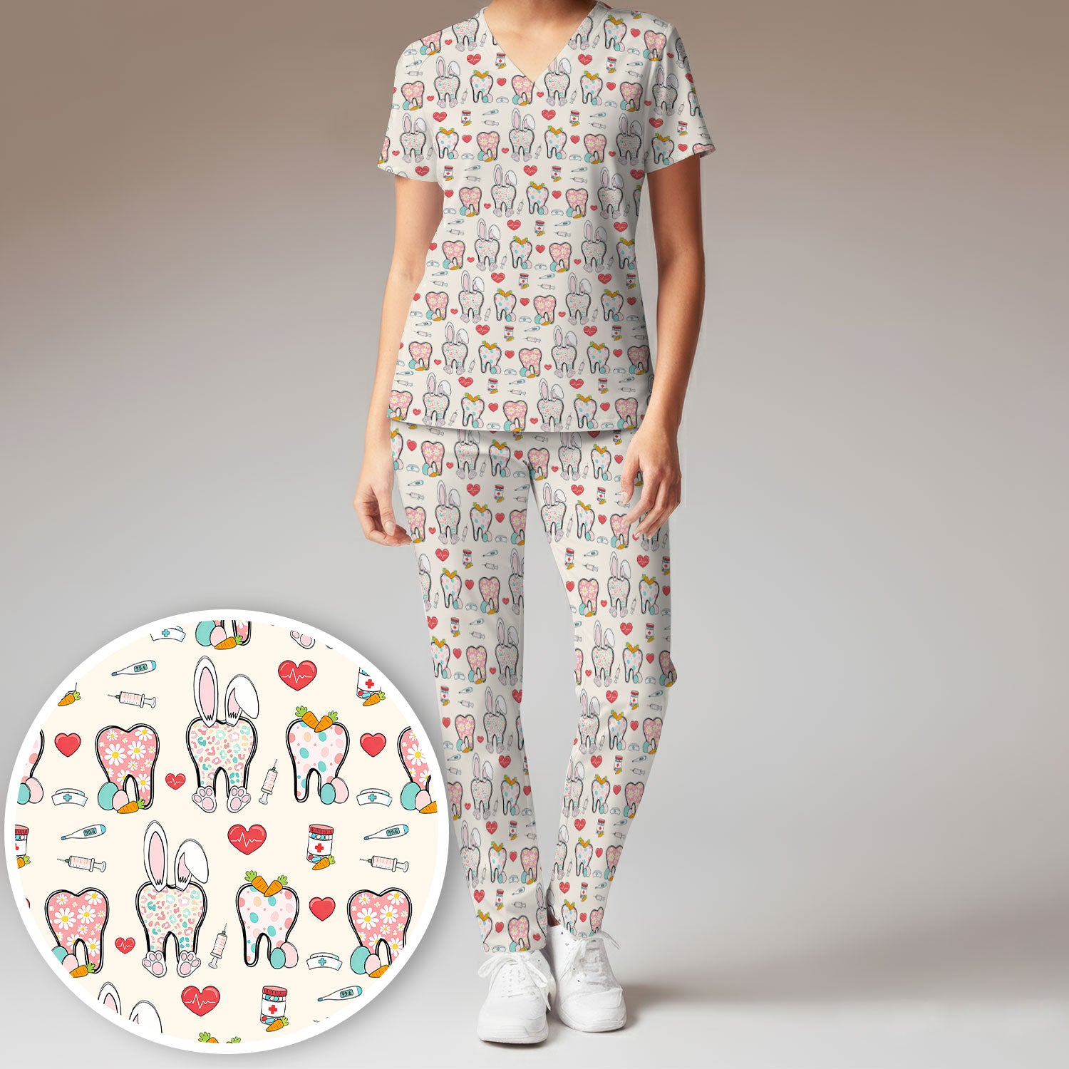 Playful Bunny Dentist Illustration Medical Set, Scrub Pants and V Neck Top