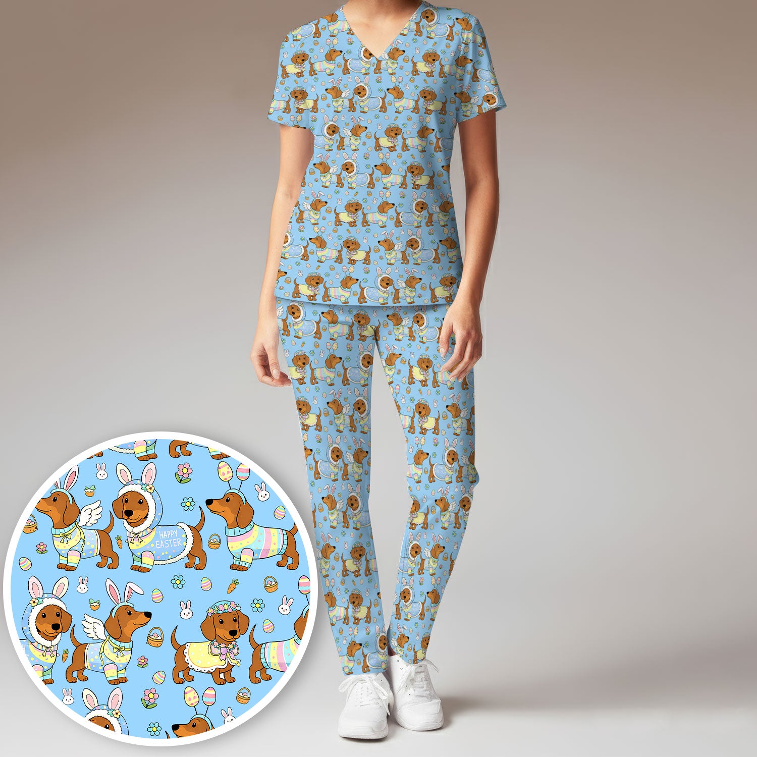 Easter Dachshund Bunny Pattern Scrub Set, Scrub Pants and V Neck Top