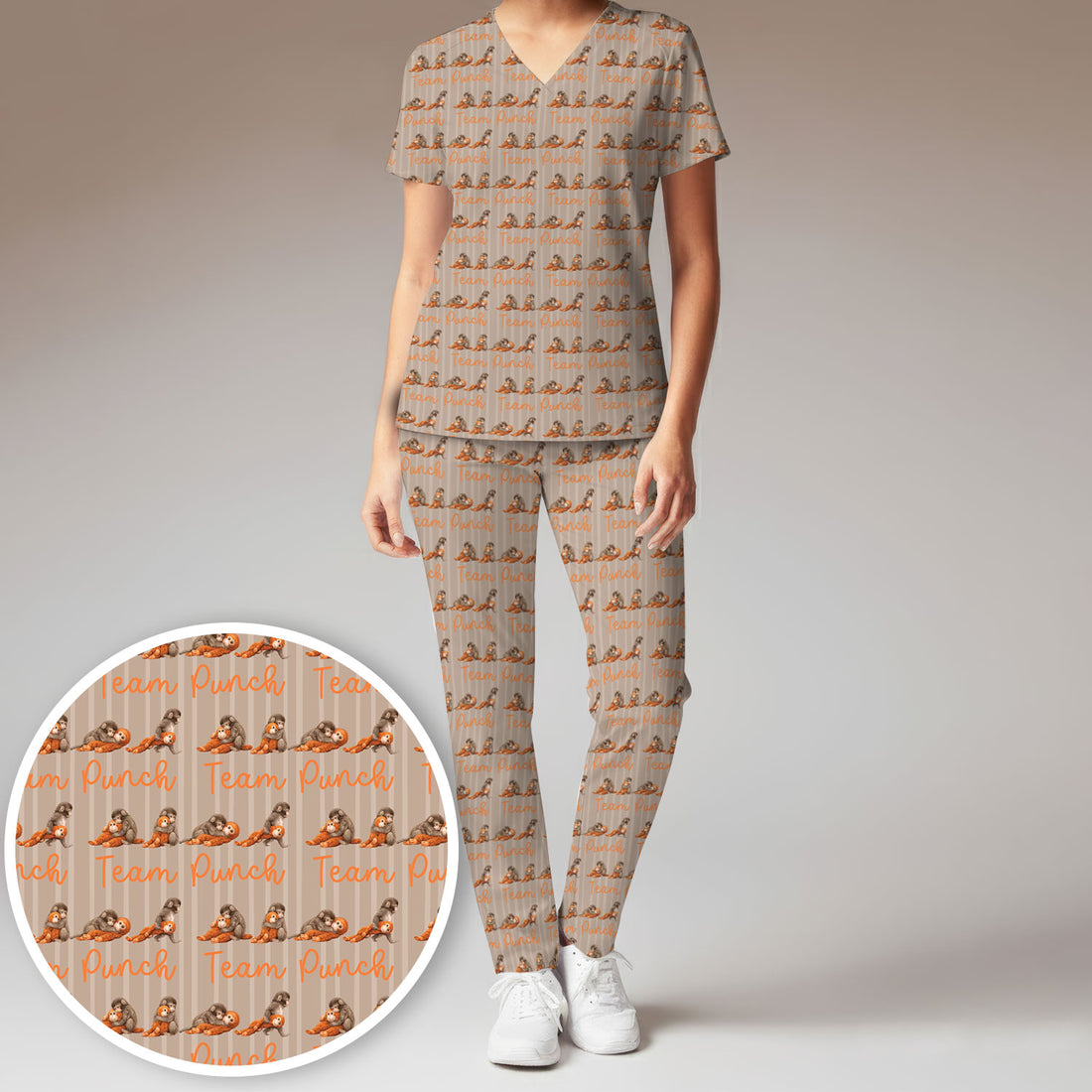 Funny Monkey Team Punch Scrub Set, Scrub Pants and V Neck Top