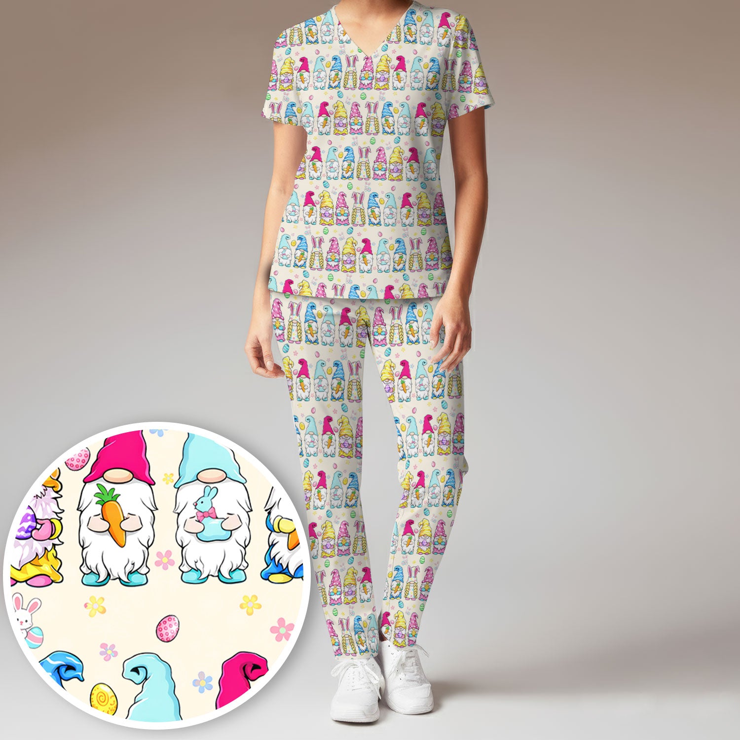 Colorful Easter Gnome Bunny Eggs Pattern Scrub Set, Women's Scrub Sets