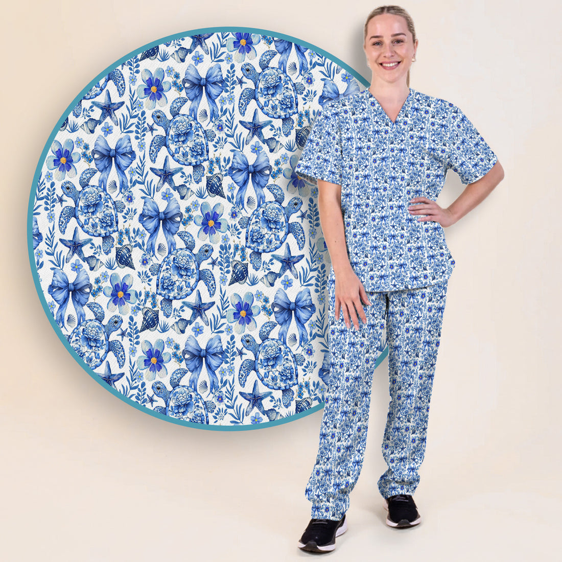 Cute Coastal Turtle Bow Pattern Scrub Set, Scrub Pants and V Neck Top