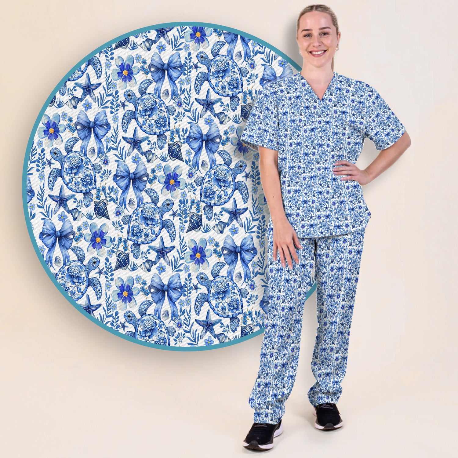 Cute Coastal Turtle Bow Pattern Scrub Set, Scrub Pants and V Neck Top