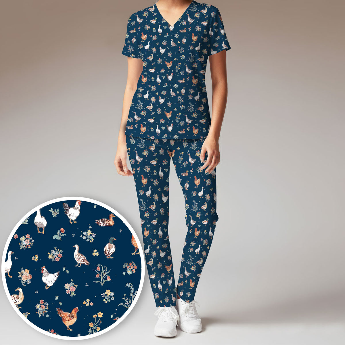 Farm Chicken Duck Floral Pattern Scrubs Sets, Scrub Pants and V Neck Top