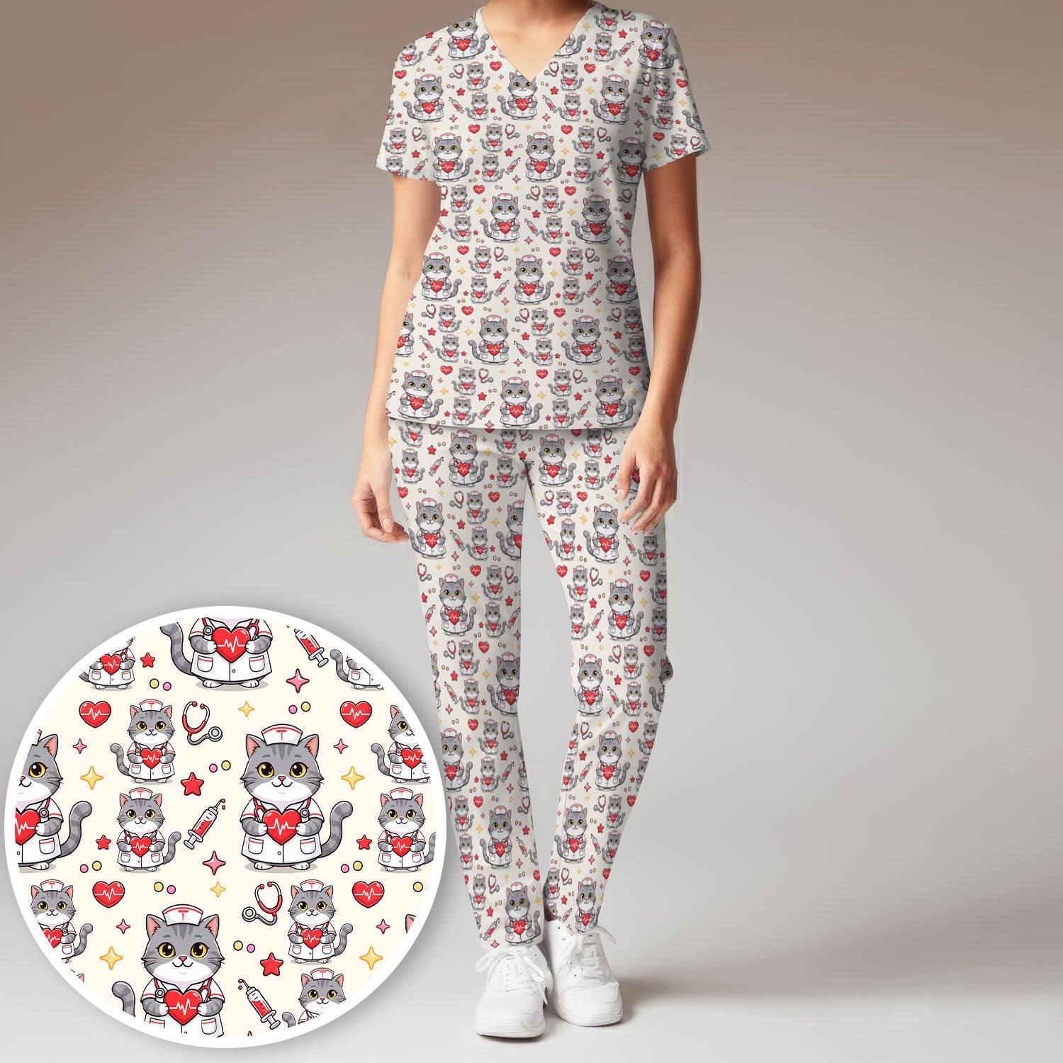Cute Nurse Cat Heart Medical Print Scrub Set, Scrub Pants and V Neck Top