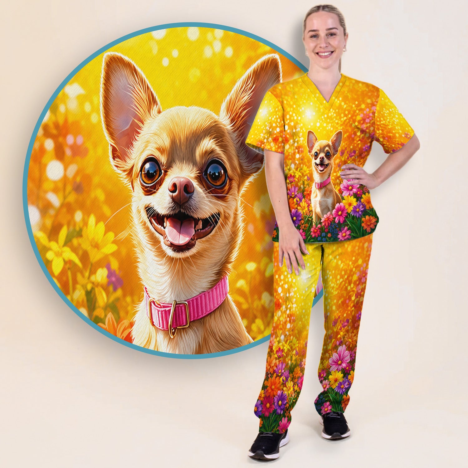 Cute Chihuahua Flower Meadow Pattern Scrub Set, Scrub Pants and V Neck Top