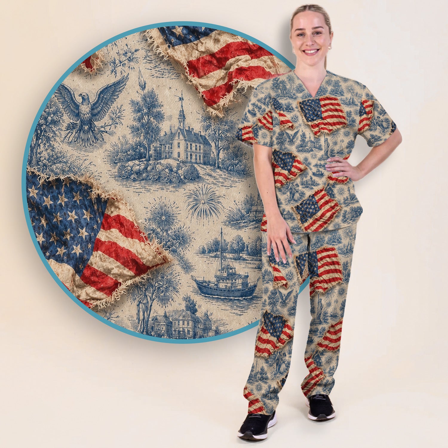 Vintage American Flag Toile Pattern Scrub Set, Scrub Pants and V Neck Top