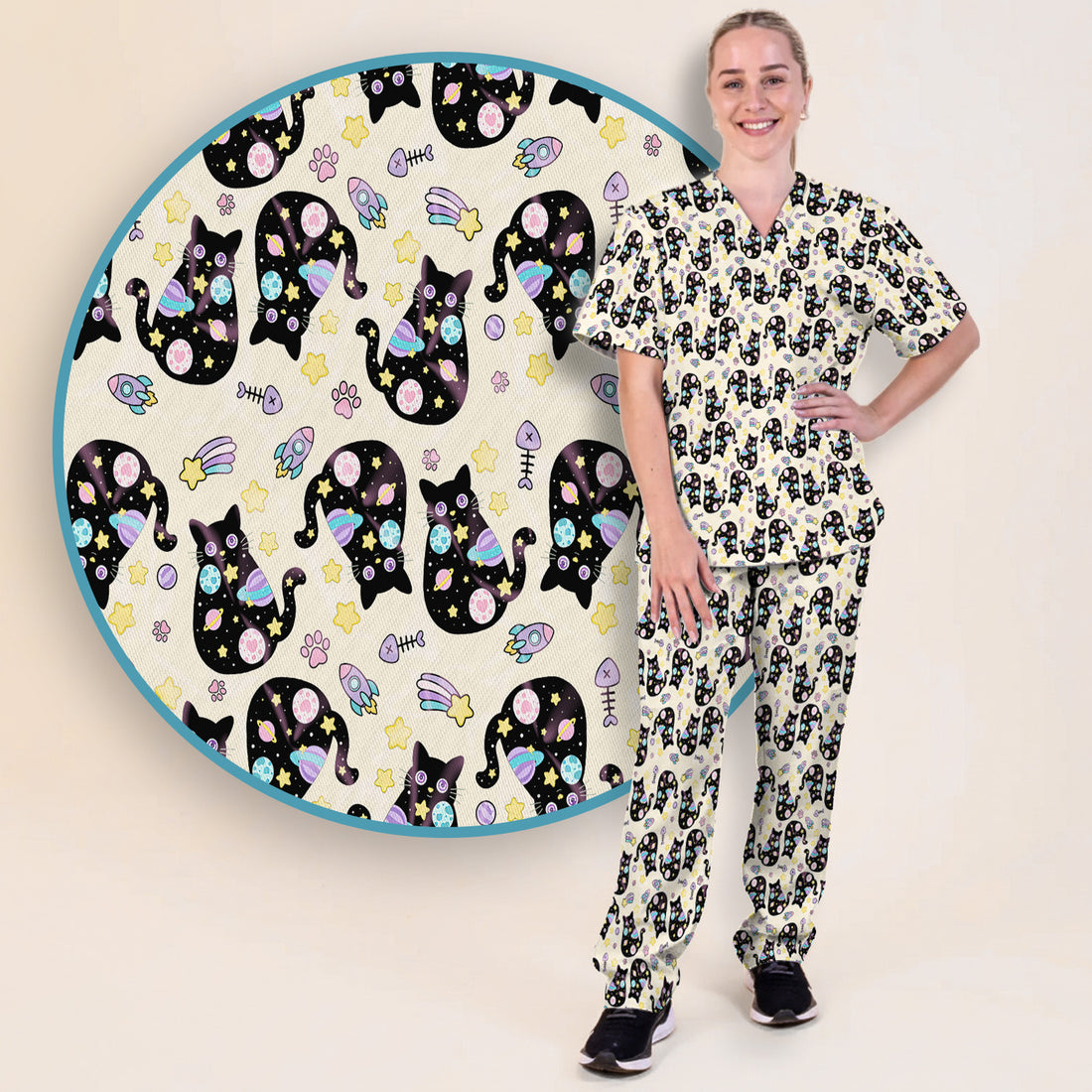 Galaxy Black Cat Space Pattern Scrub Top, Breathable Fabrics Nursing Uniform