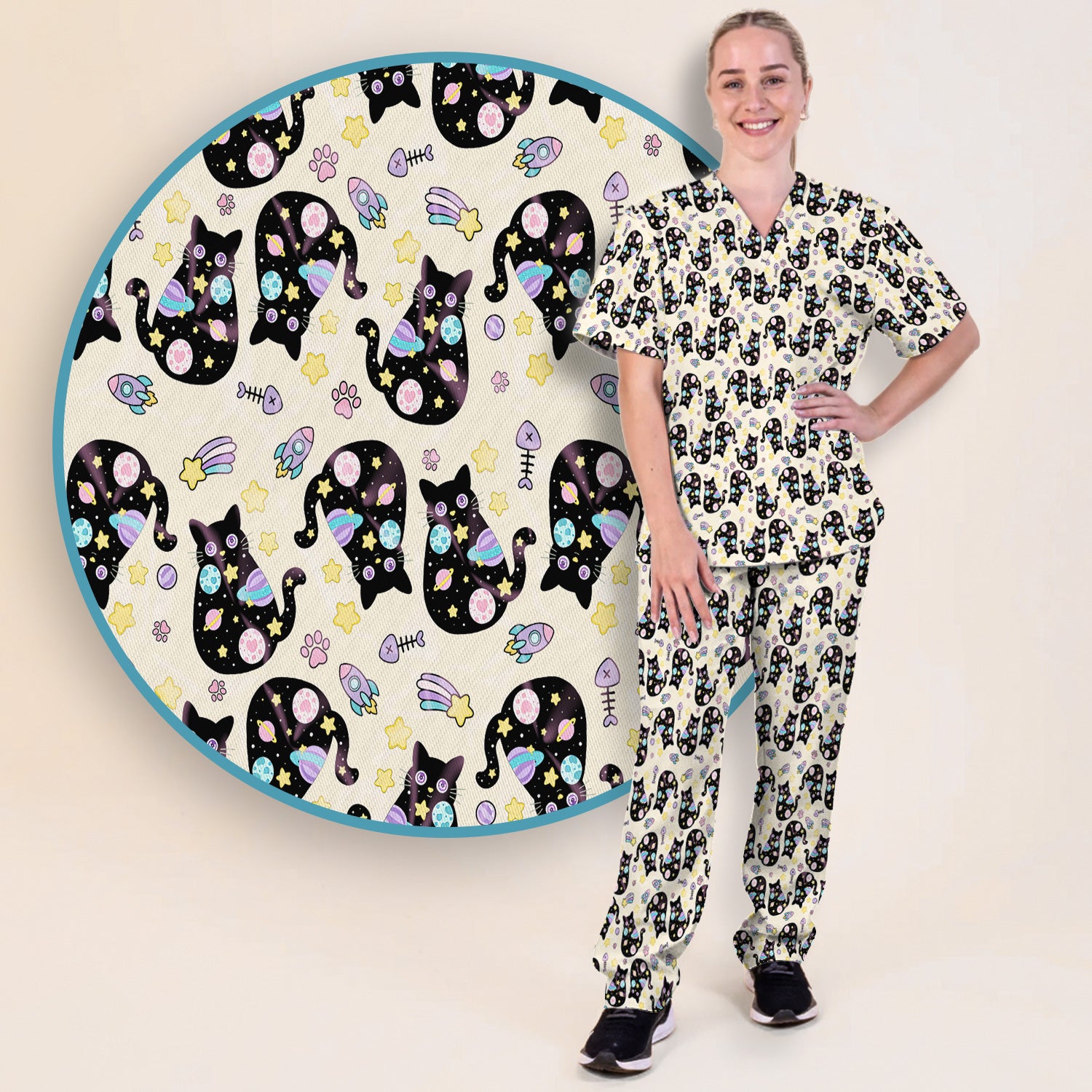 Galaxy Black Cat Space Pattern Scrub Top, Breathable Fabrics Nursing Uniform