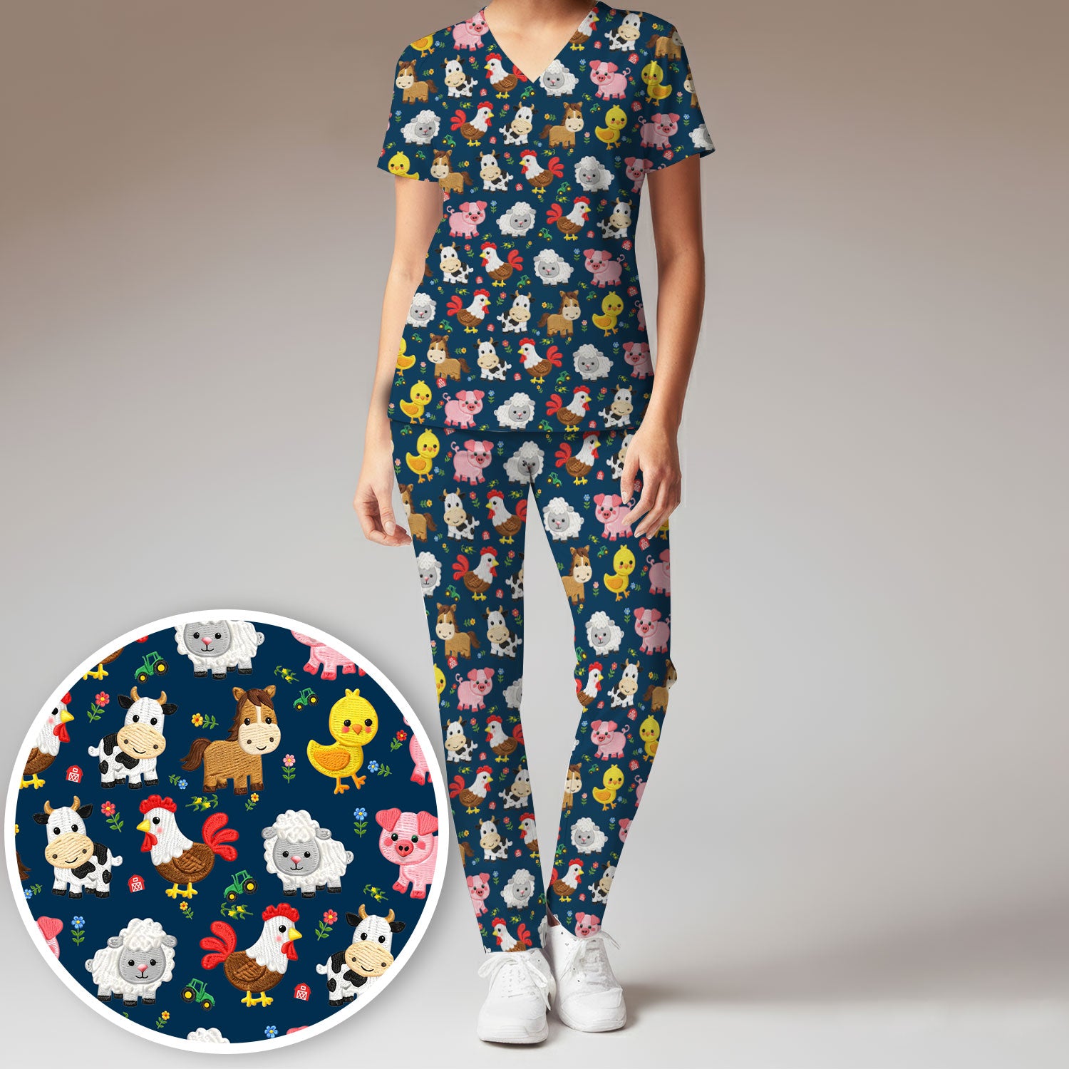 Cartoon Farm Animal Pattern Scrub Set, Breathable Med Uniform