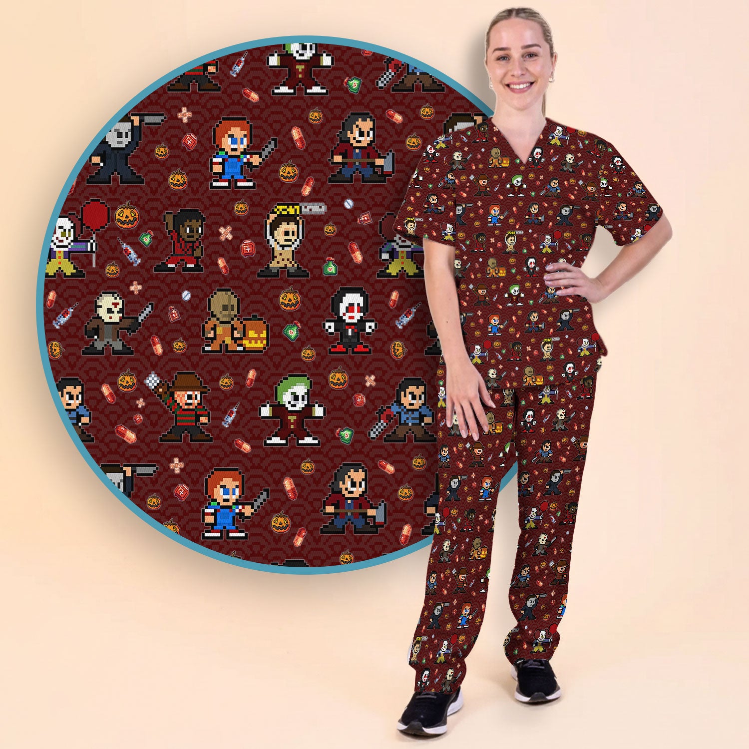 Halloween Women's Scrub Sets - Comfortable Scrubs for Nurses - Scary Character Scrub Pants and V Neck Top - Med Uniform for Her