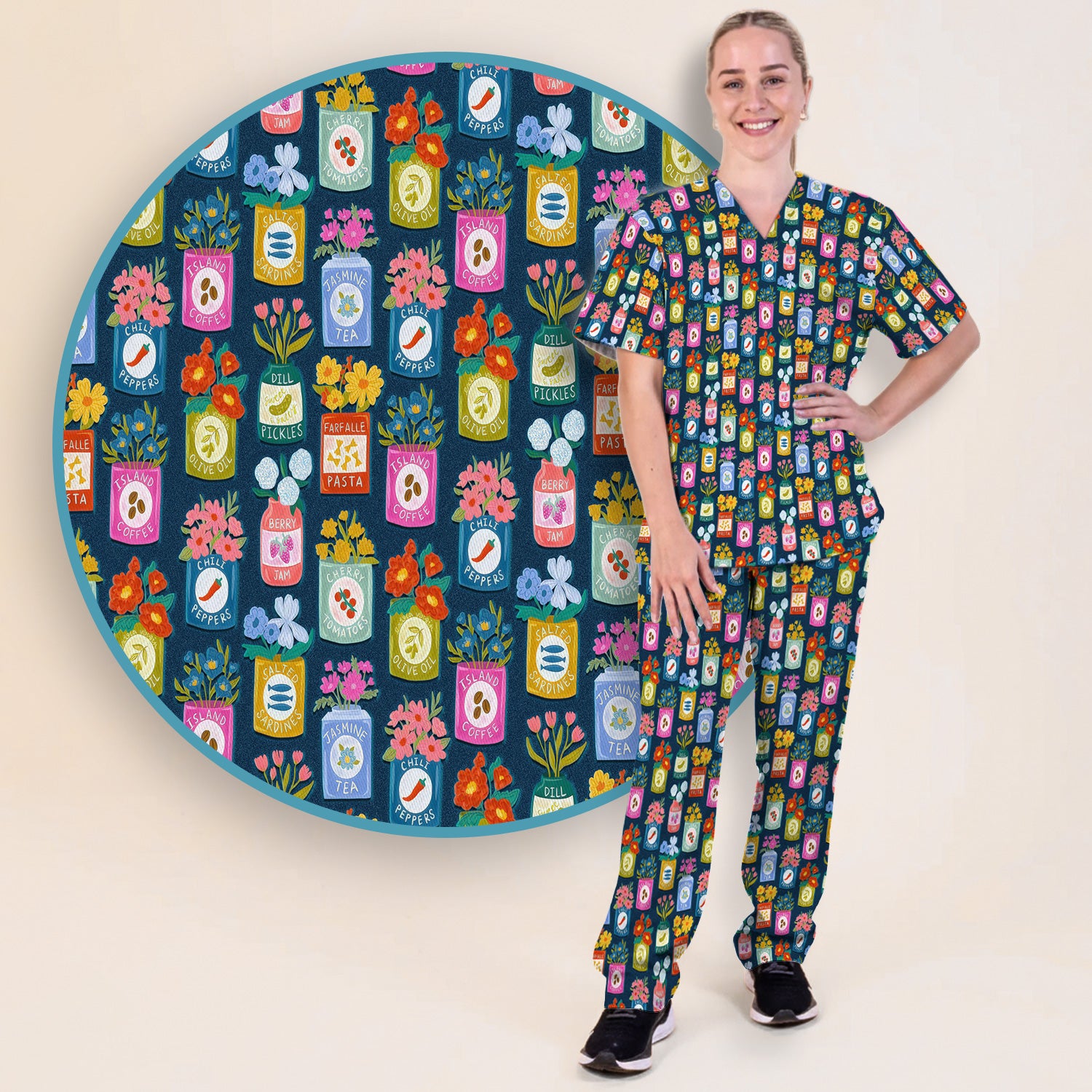Colorful Pantry Jars Flowers Pattern Scrubs Sets, Scrub Pants and V Neck Top