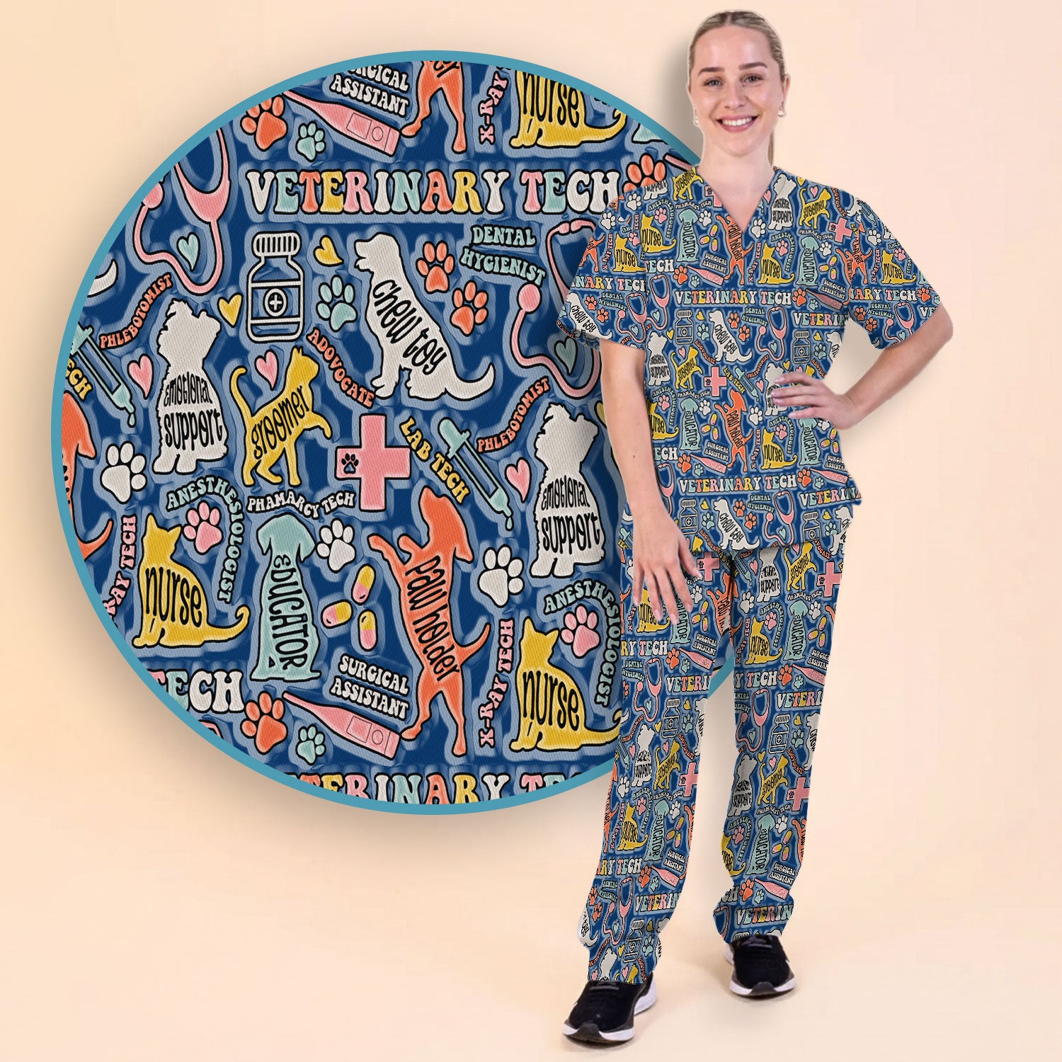 Veterinary Tech Nurse Scrub Set - Dog Cat Pet Scrubs Pants and V Neck Top - Funny Vet Tech Animal Scrubs for Women LPN RN CNA