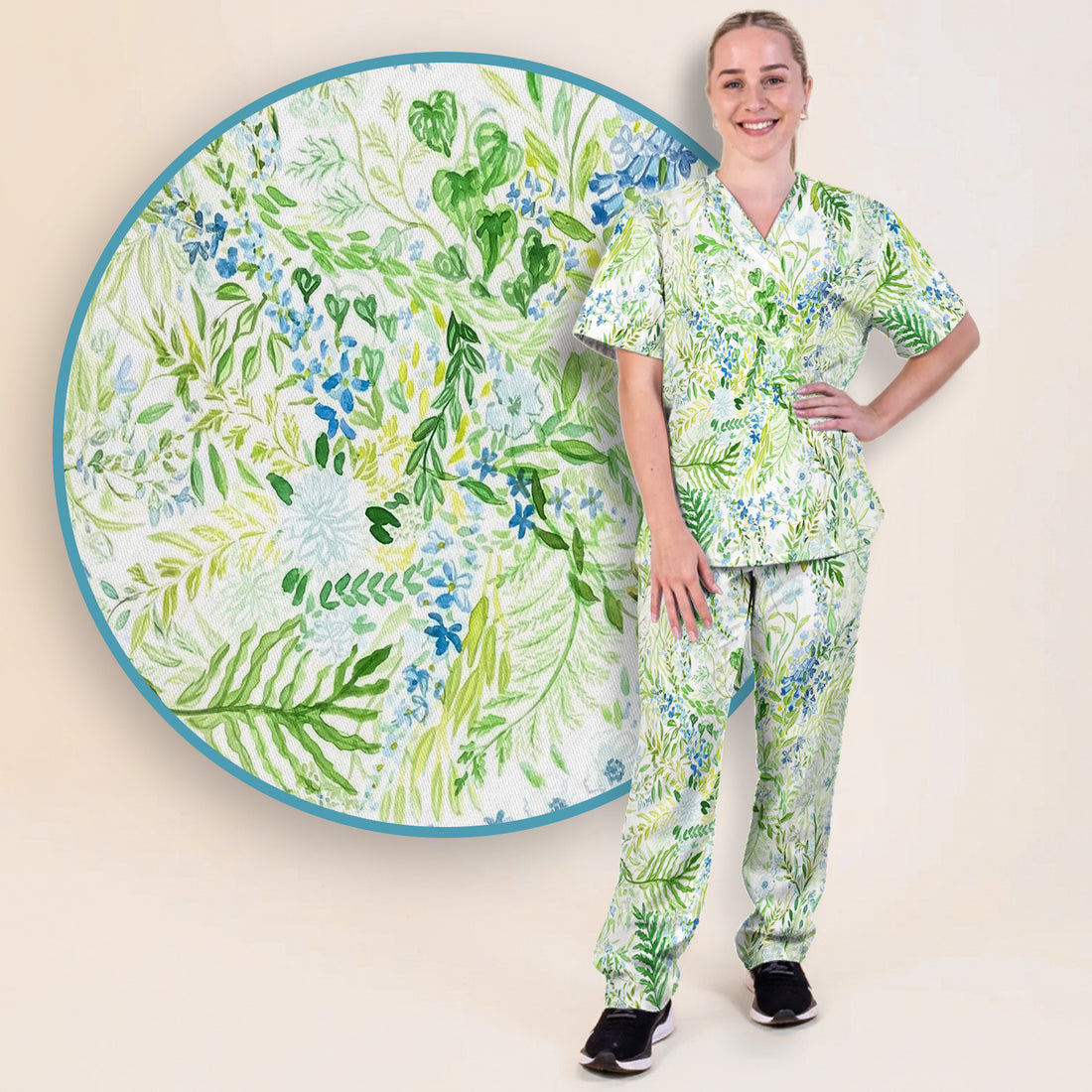 Green Botanical Floral Pattern Scrub Set, Scrub Pants and V Neck Top