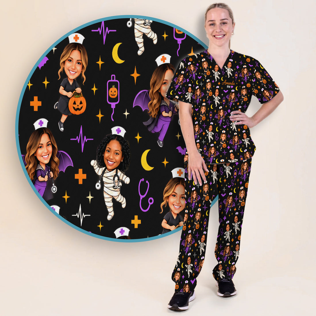 Personalized Photo Halloween Nurse Scrub Set, Scrub Pants and V Neck Top