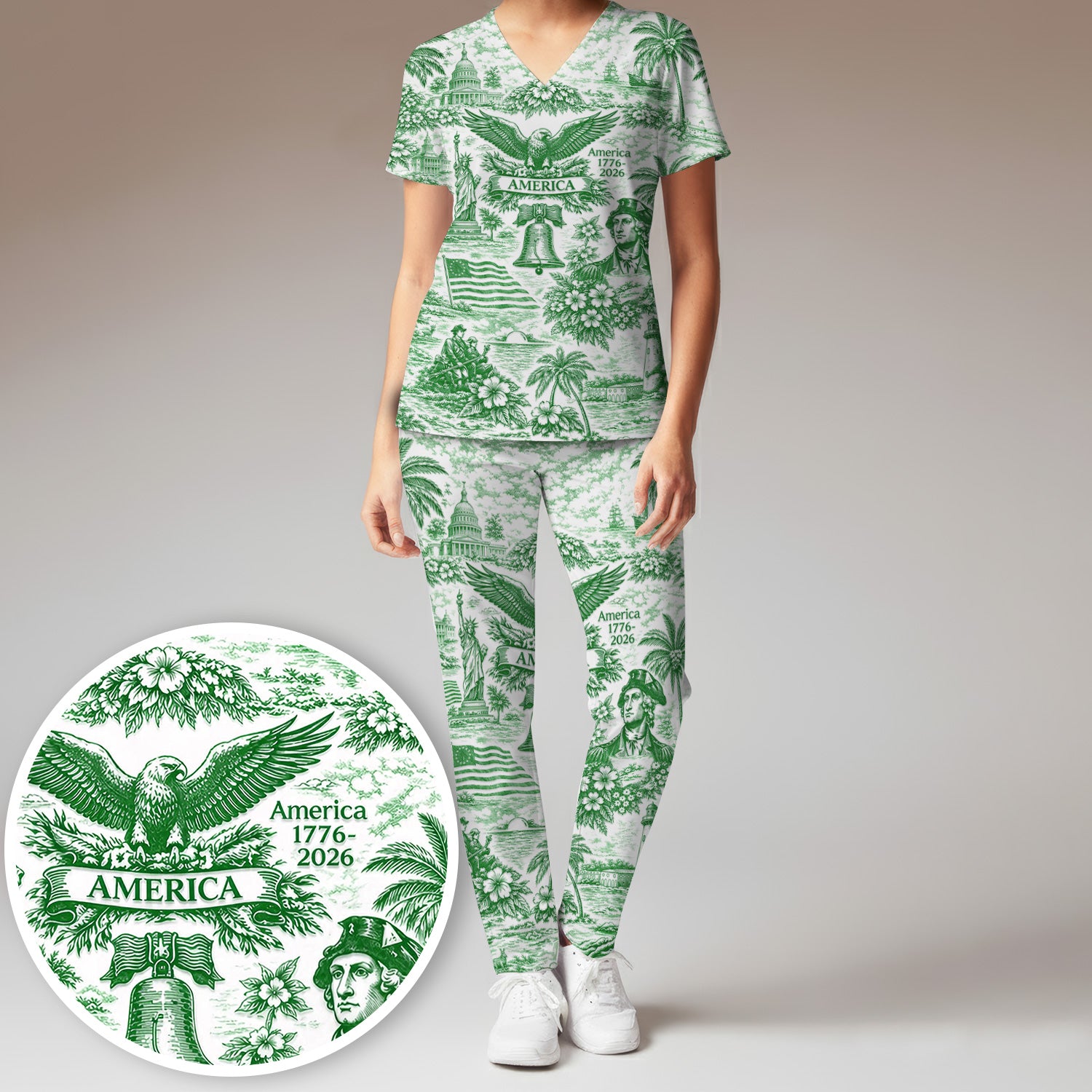 Patriotic America Heritage Toile Pattern Scrub Set, Women's Scrub Sets